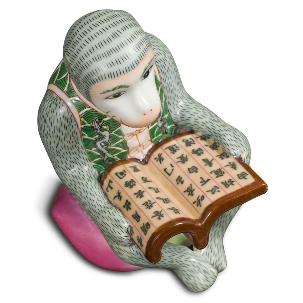 US SELLER – Green Porcelain Monkey Reading Book Figurine
