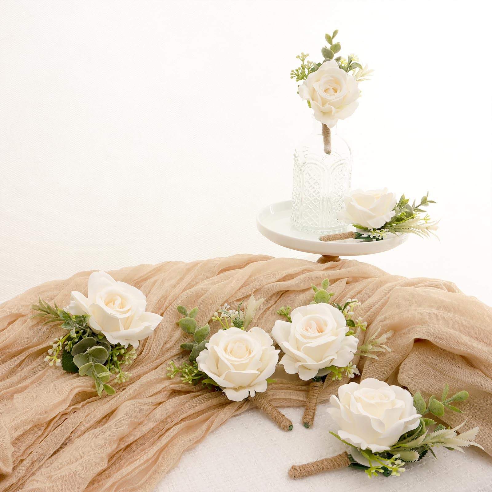 Ivory Rose Boutonniere for Men Wedding Set of 6 Groom Groomsmen Man Artificia