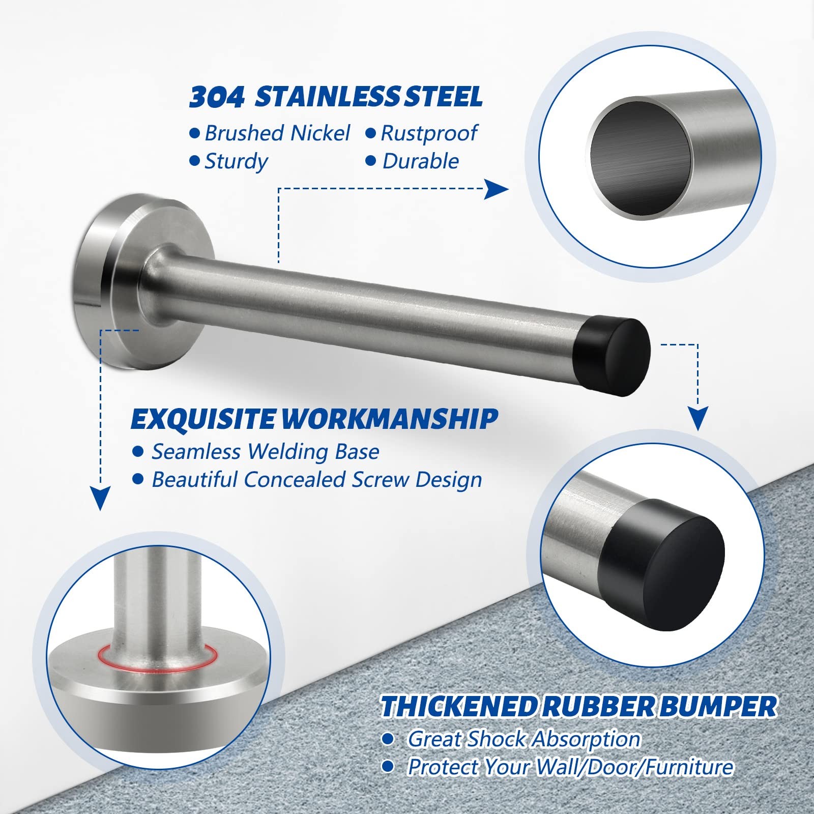 Door Stop, 4 Inch Long Stopper Wall Mounted, 4 Inch, Brushed Nickel