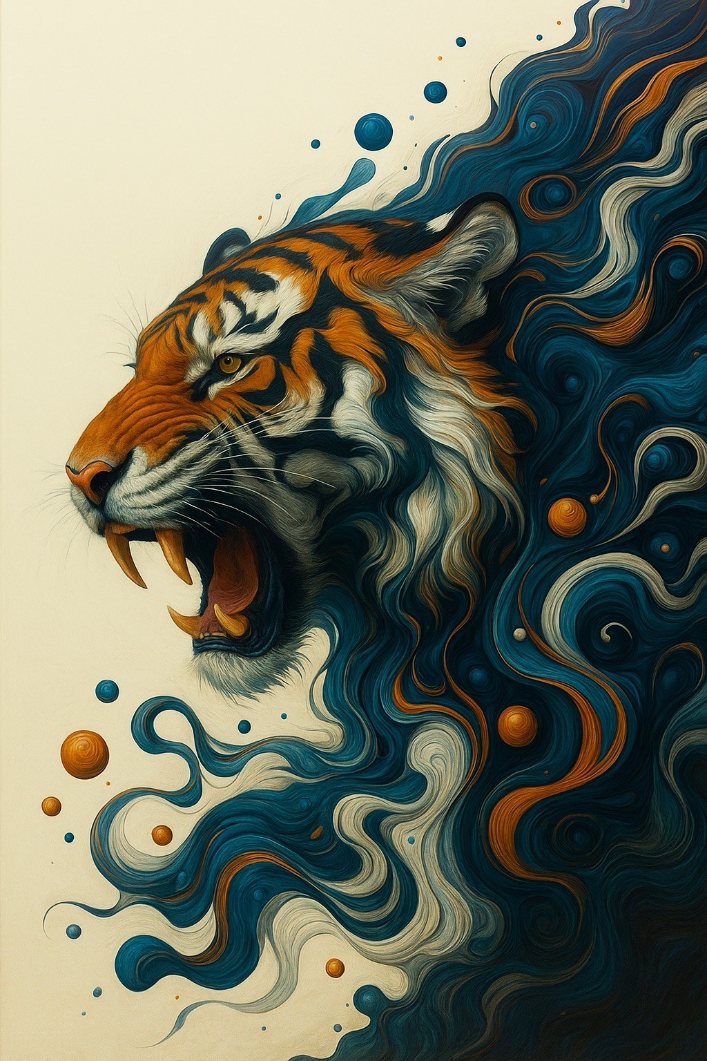 Vibrant Tiger Roar Poster Art 36×24 in. Blue/Orange Animal Print -Unframed
