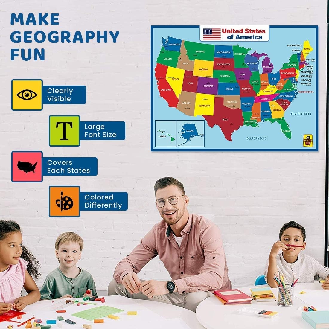 United State Map Laminated Poster -Double Side Educational Poster For Kids/Ad