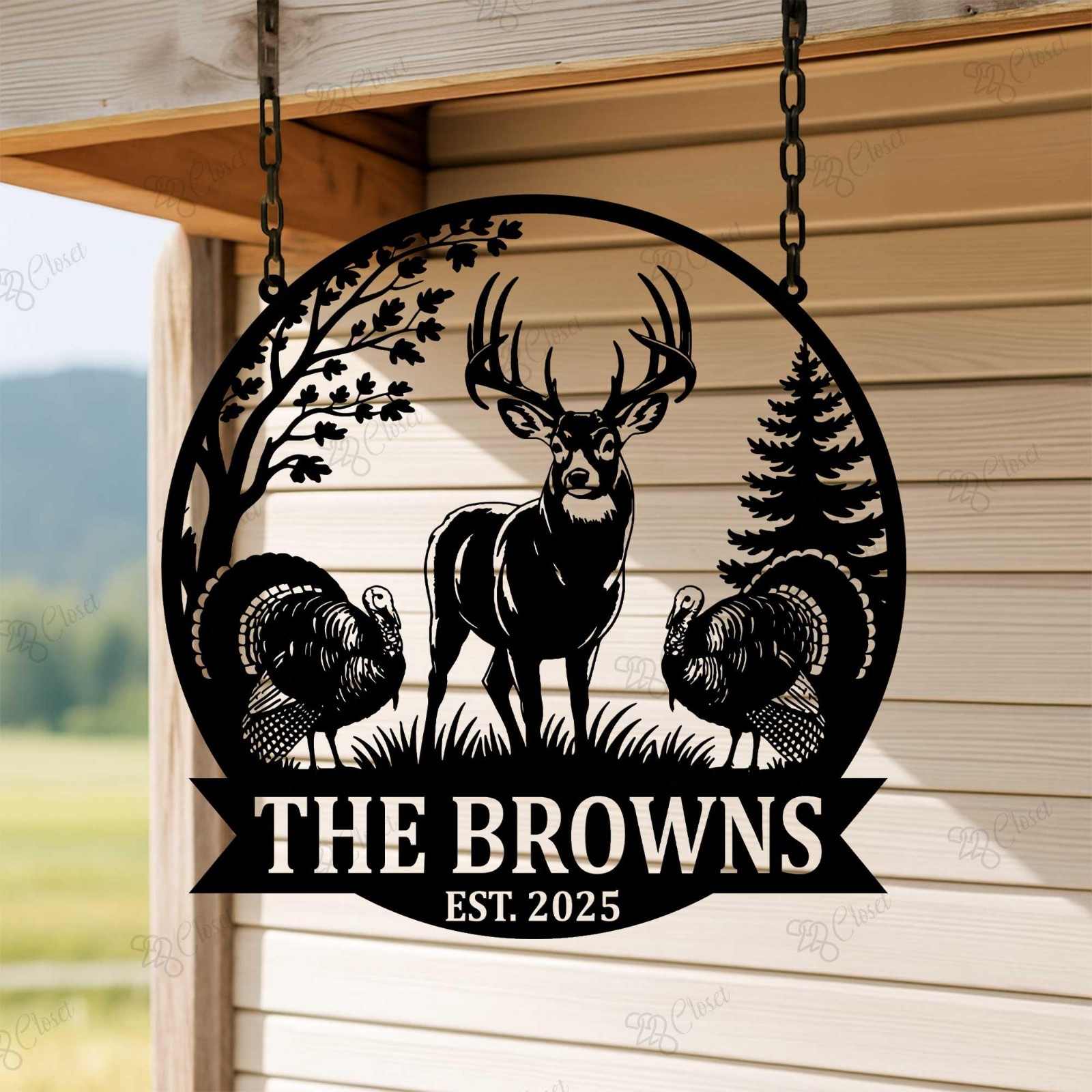 Custom Deer Forest Metal Sign, Personalized Name Hunting Cabin Lodge Decor Gift