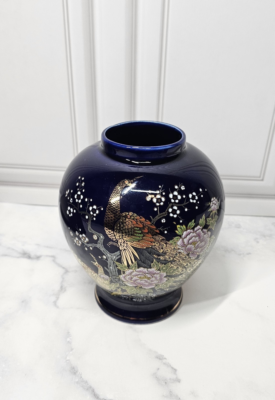 Vintage Japanese Cobalt Blue Vase With Peacock & Floral Design 6 Inches High
