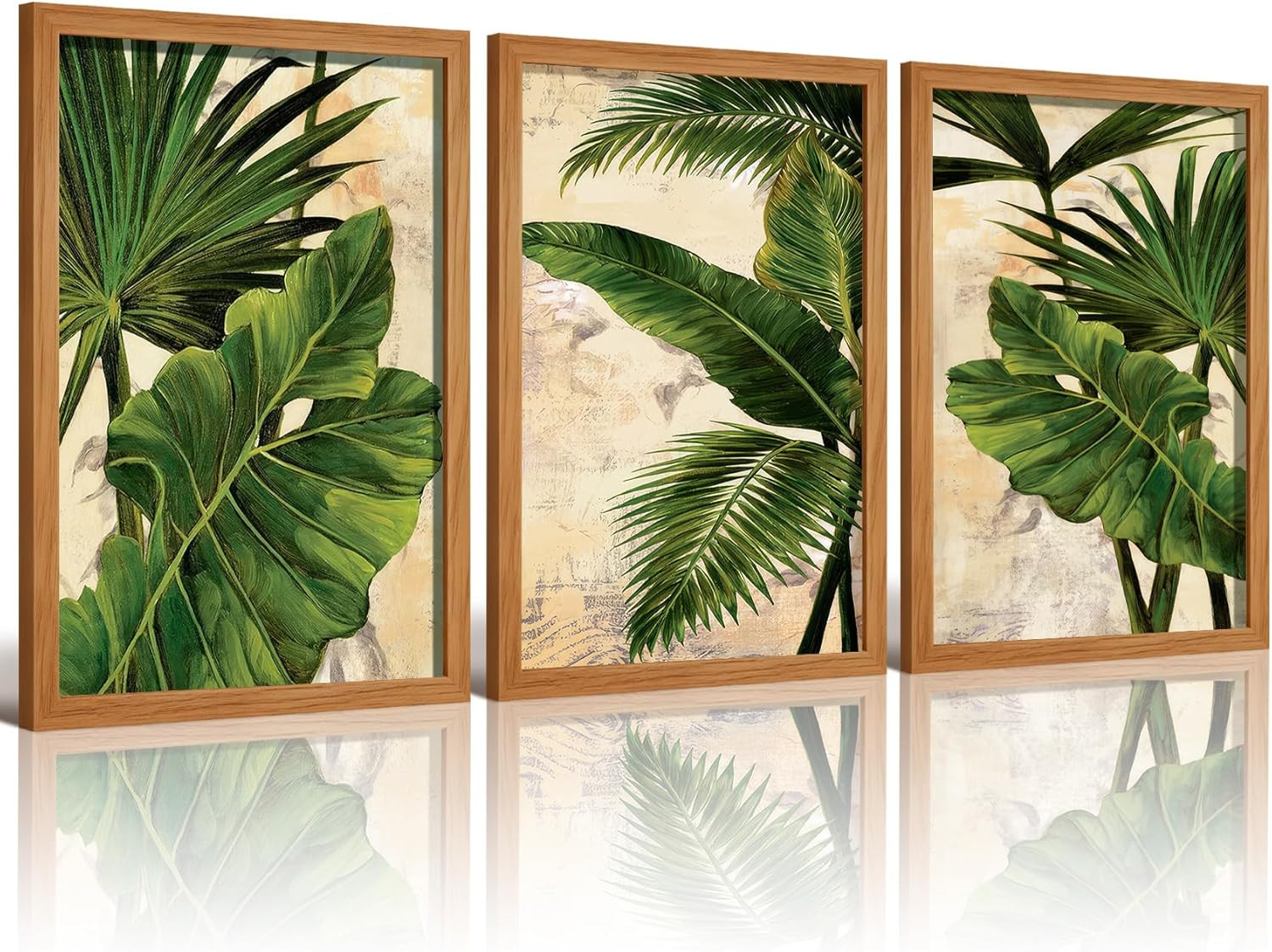 3 Pcs Tropical Palm Leaf Wall Art, Botanical Green Foliage Framed Canvas Paintin