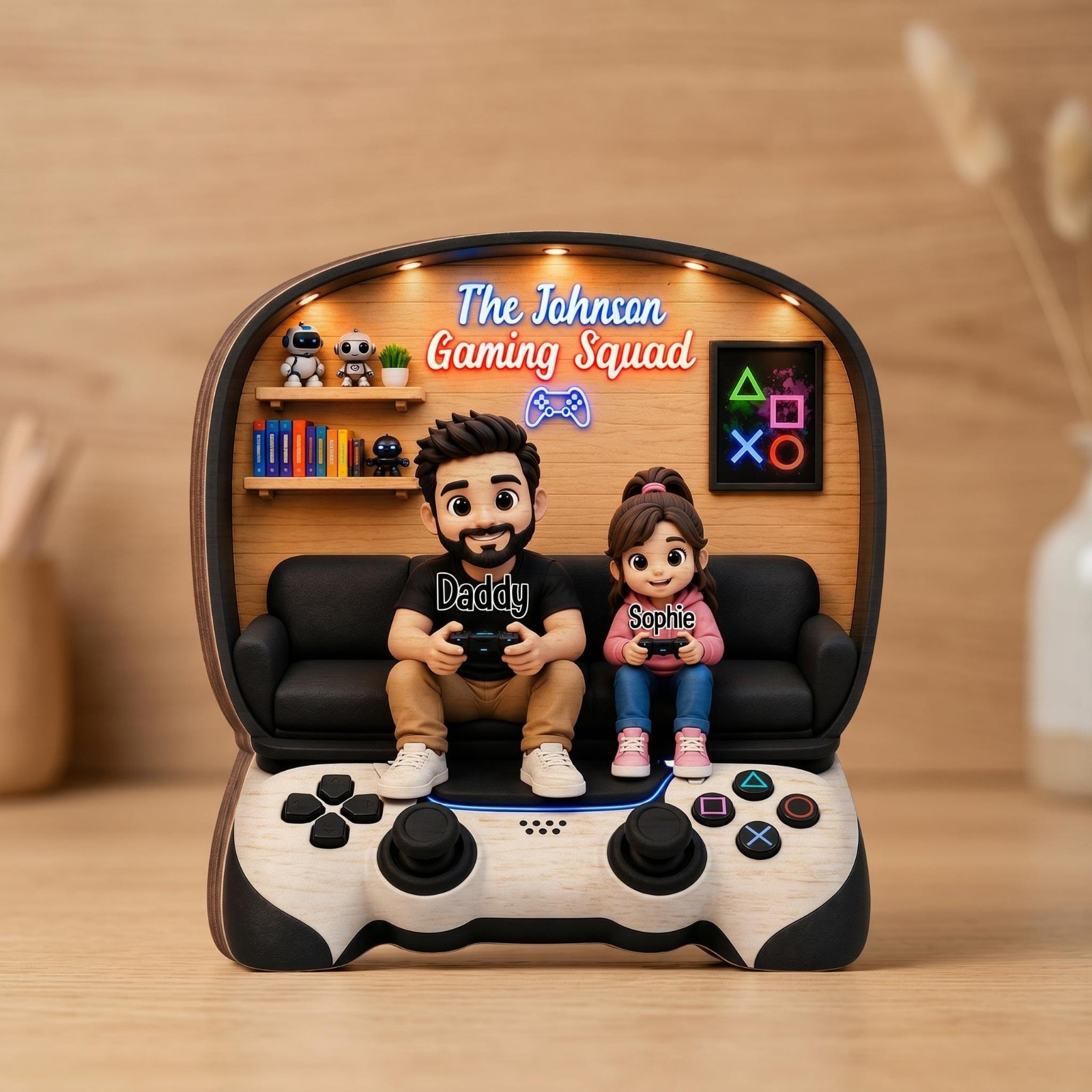 Personalized Dad And Kids Gaming Wooden Block Father’s Day Gift Gamer Decor