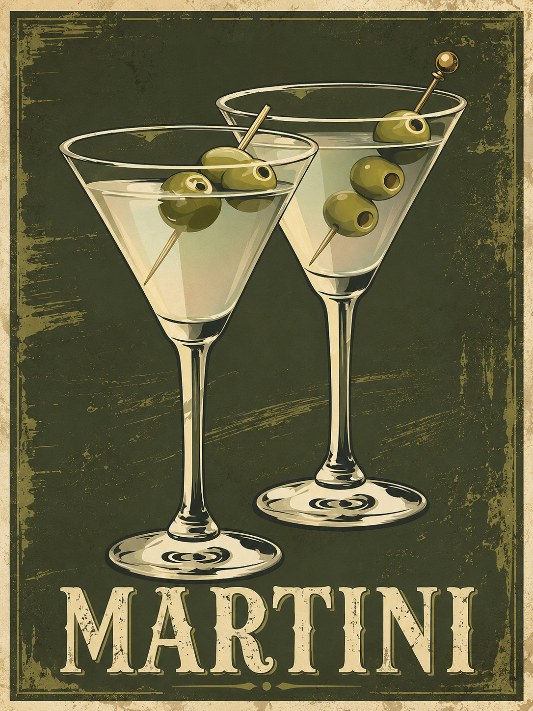 Vintage Martini Cocktail Poster Retro Bar Cart Wall Decor Olive Green Print