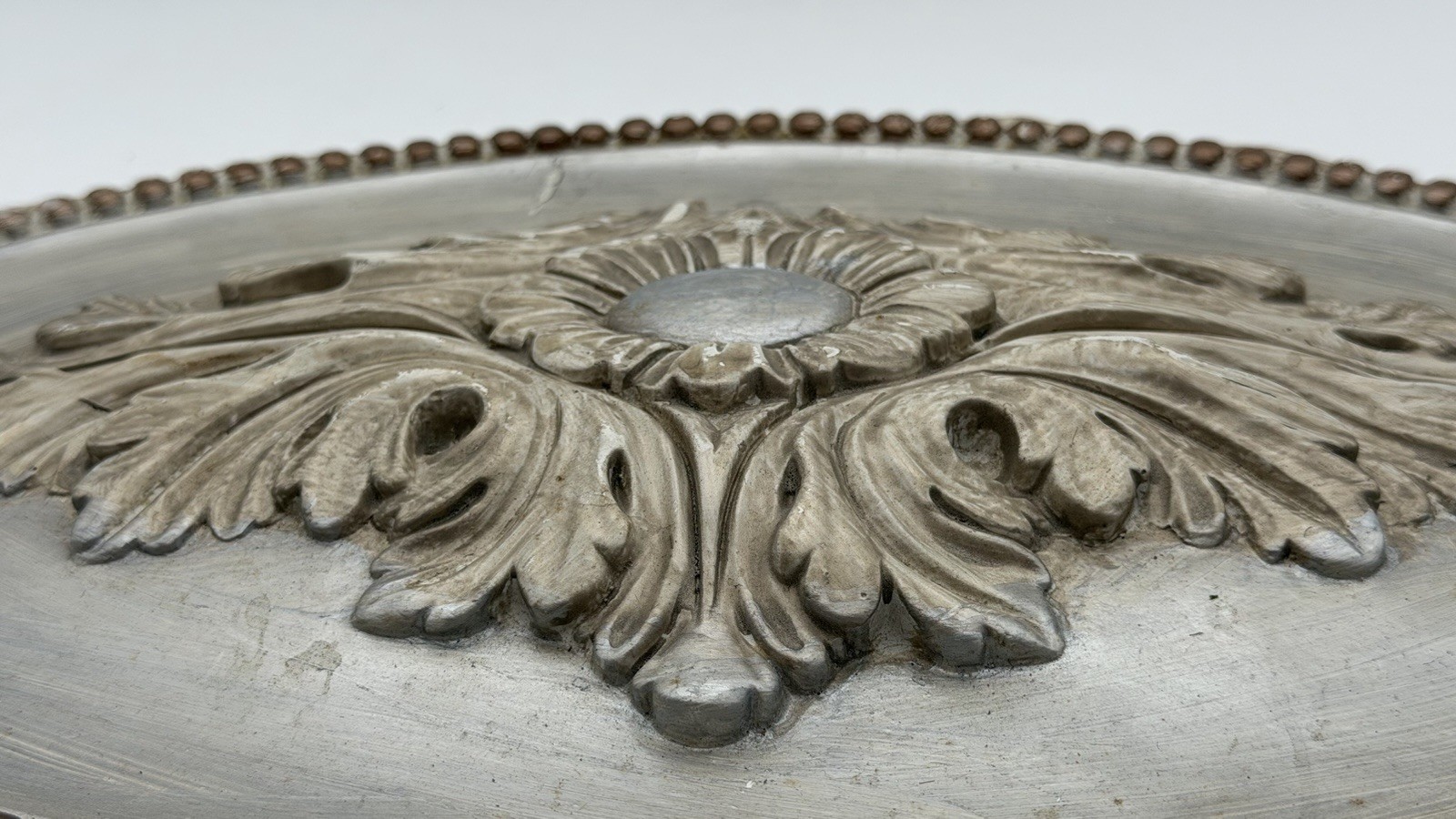 Vintage Style Oval Wall Plaque Faux Silver Acanthus Scroll Beaded 17”
