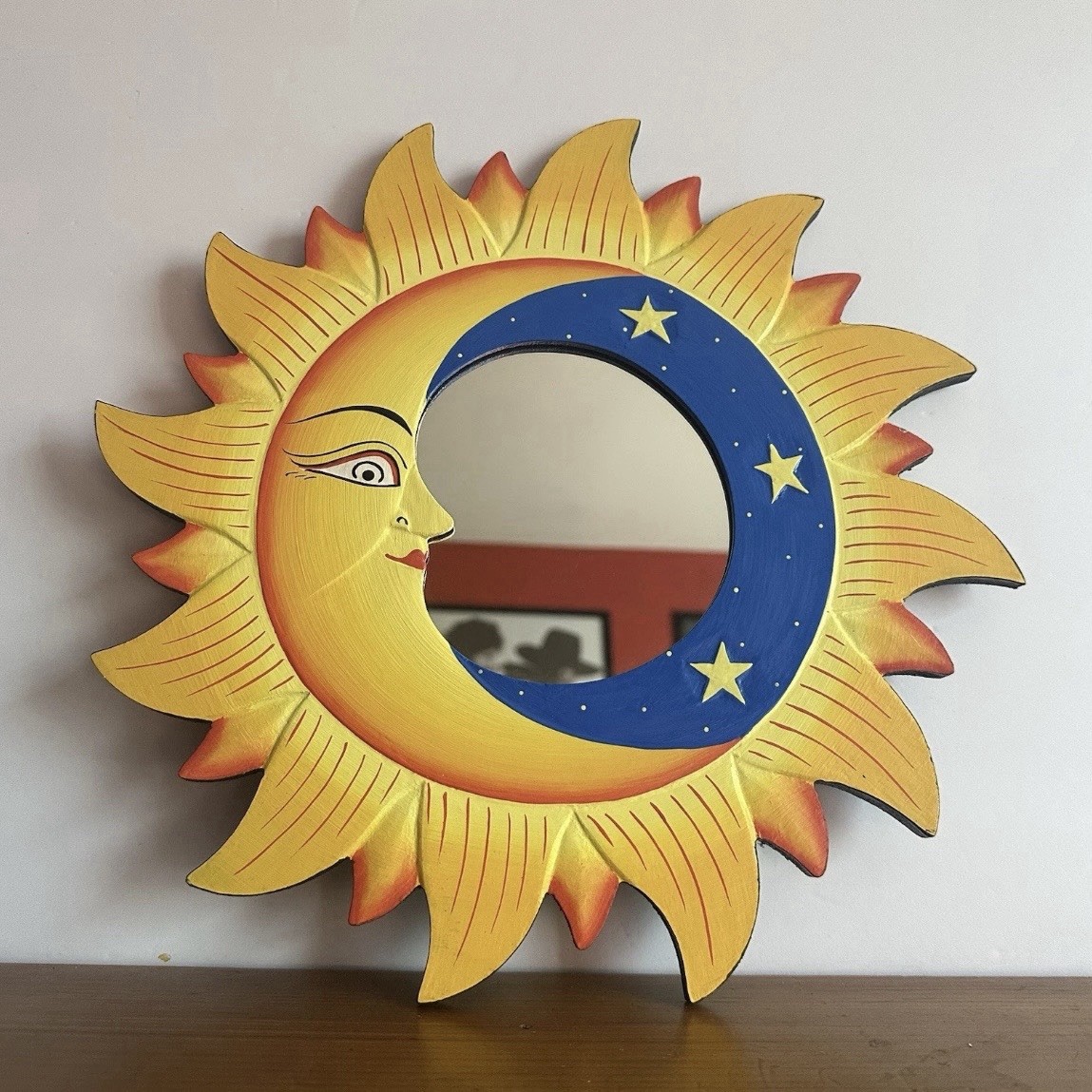 Vintage 90s Celestial Sun Moon Stars Mirror 12in Hand Painted Whimsygoth Navy
