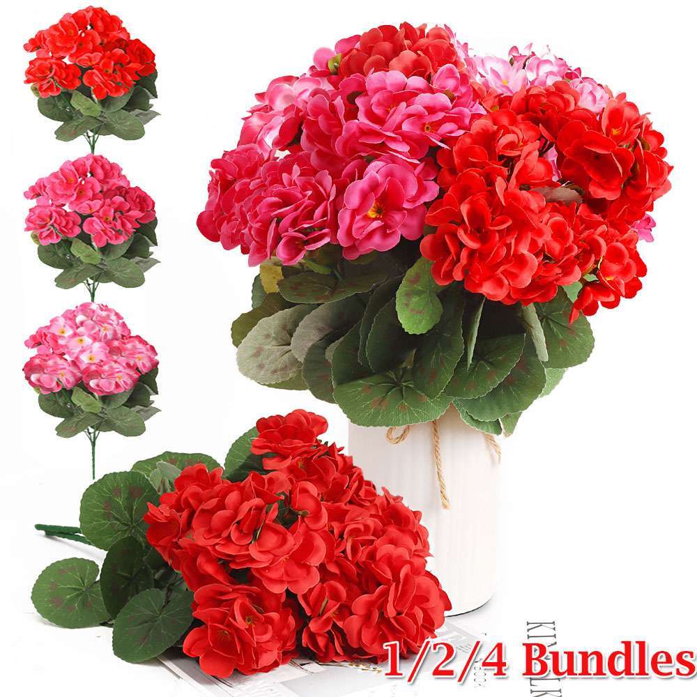 1/2/4 Bundles Artificial Geraniums Silk Flowers Outdoor Artificial Geranium Bush