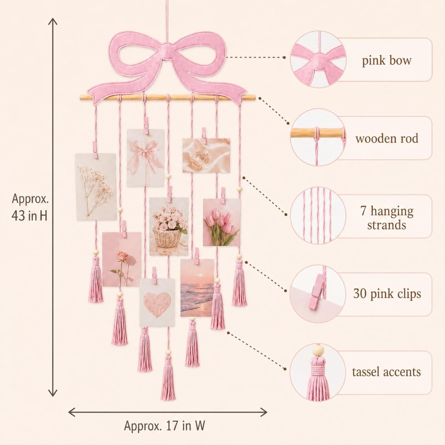Charming Pink Bow Hanging Photo Display with 30 Clips – Perfect for Teens
