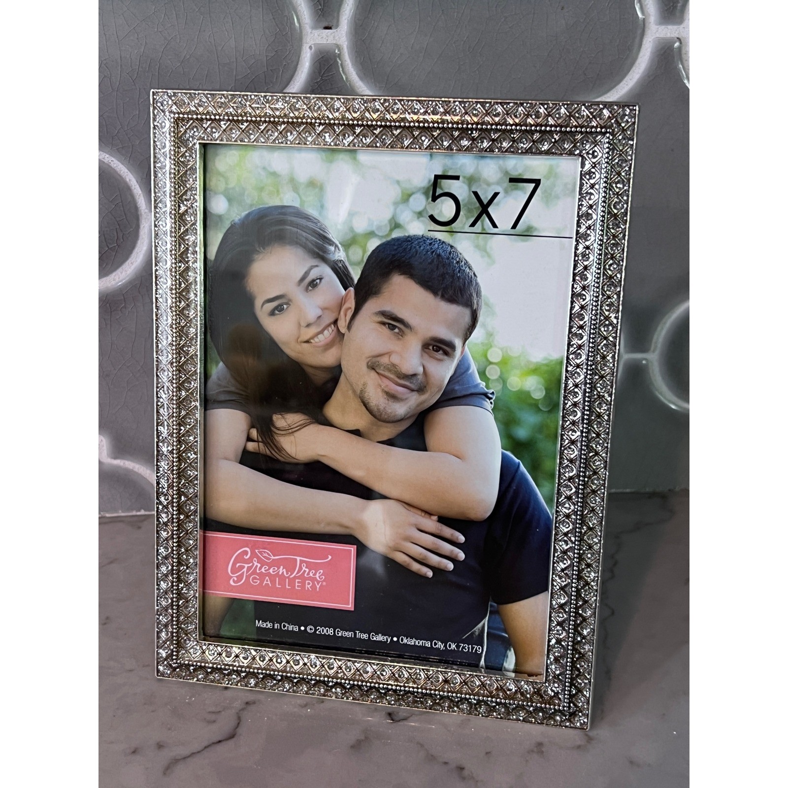 Green Tree Gallery 5×7 Beaded Rhinestone Picture Frame Silver Tone Ornate