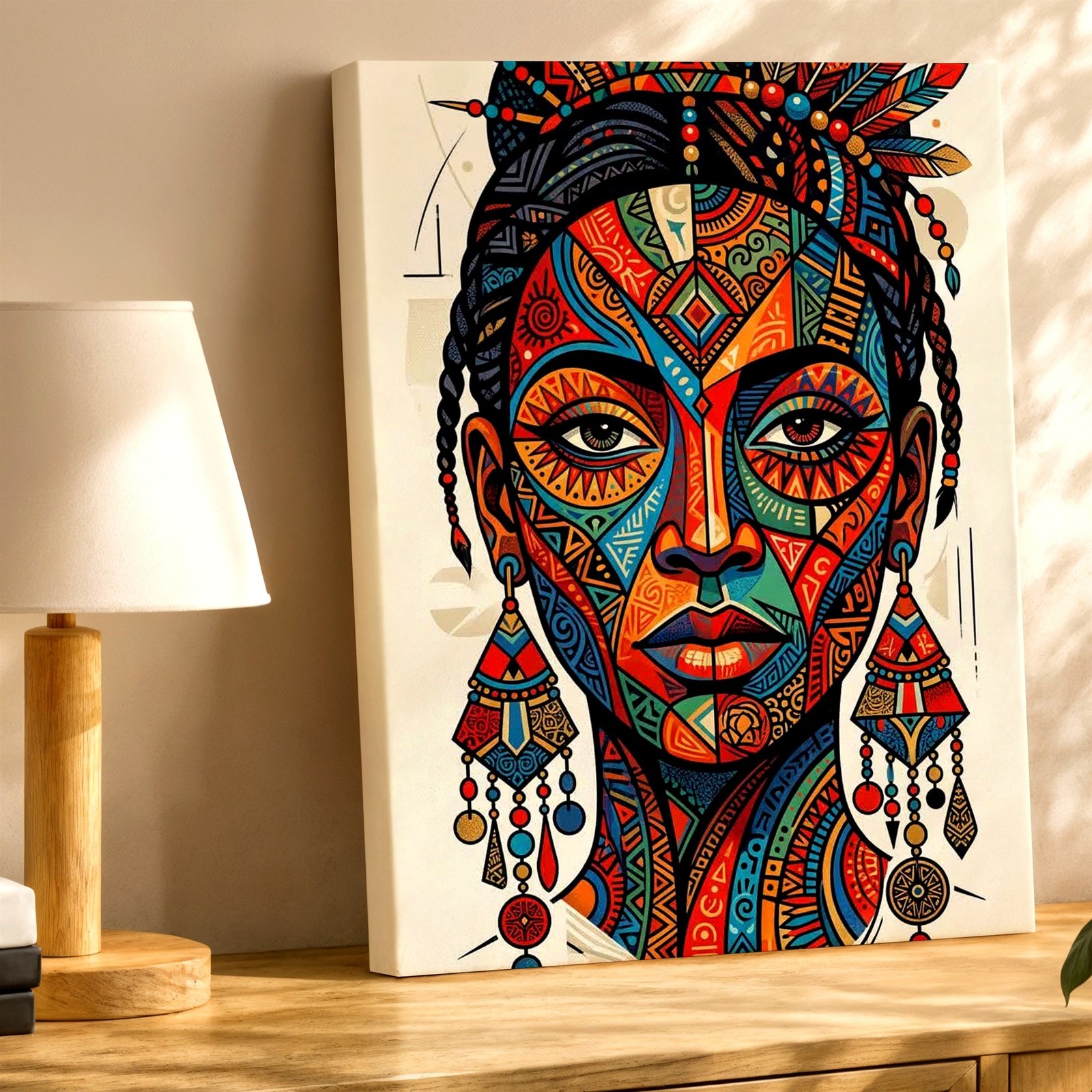 Wall Art Colorful Tribal Woman Portrait Print Boho Geometric Face Poster Decor