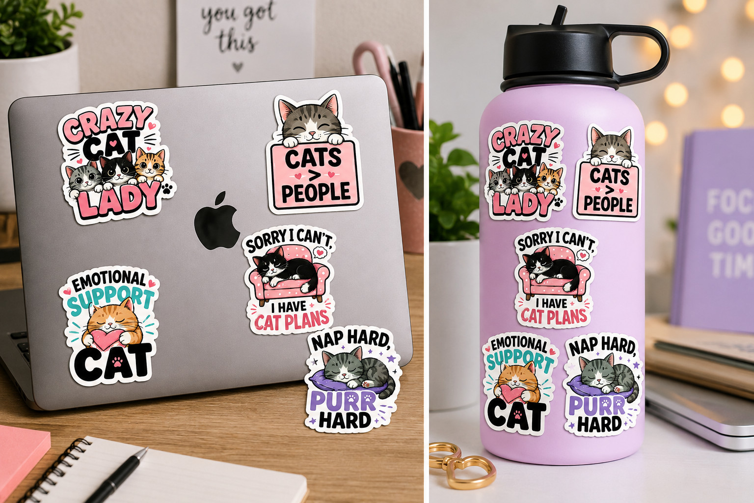 Cat Sticker 5-Pack Cute Funny Vinyl Decals Crazy Cat Lady Emotional Support Cat