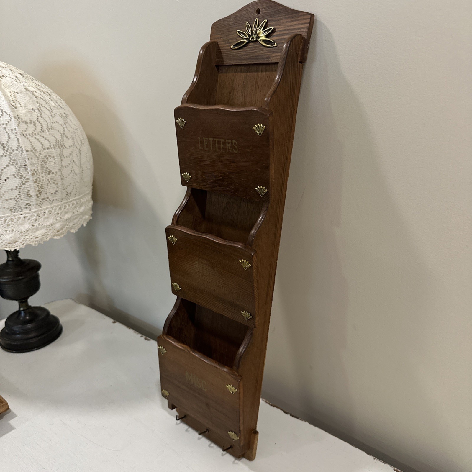 Vintage Wood 3 Tier Wall Mail Letter Organizer Wood Gold & Warm Tones