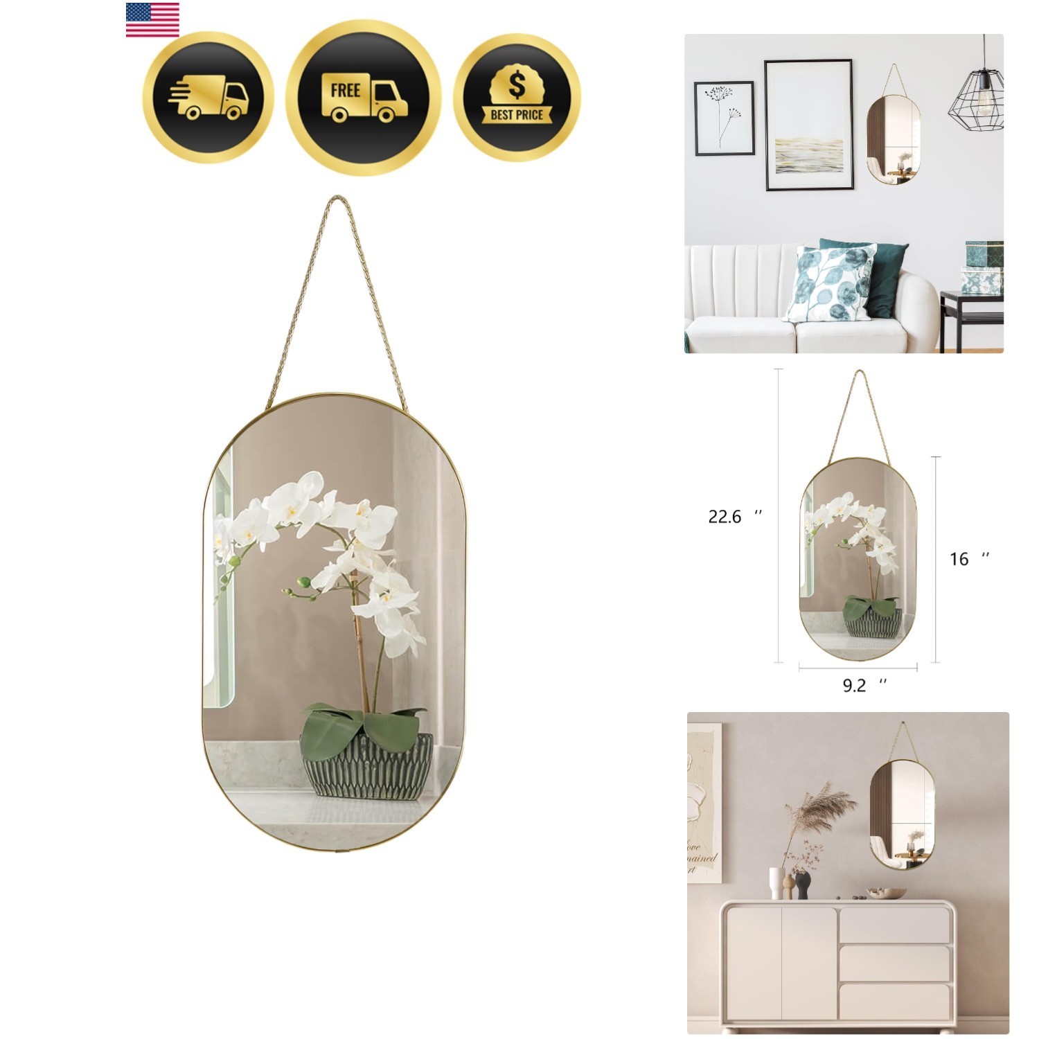 Lightweight 16×9.2 inch Gold Oval Mirror – Polished Finish & Easy Installation