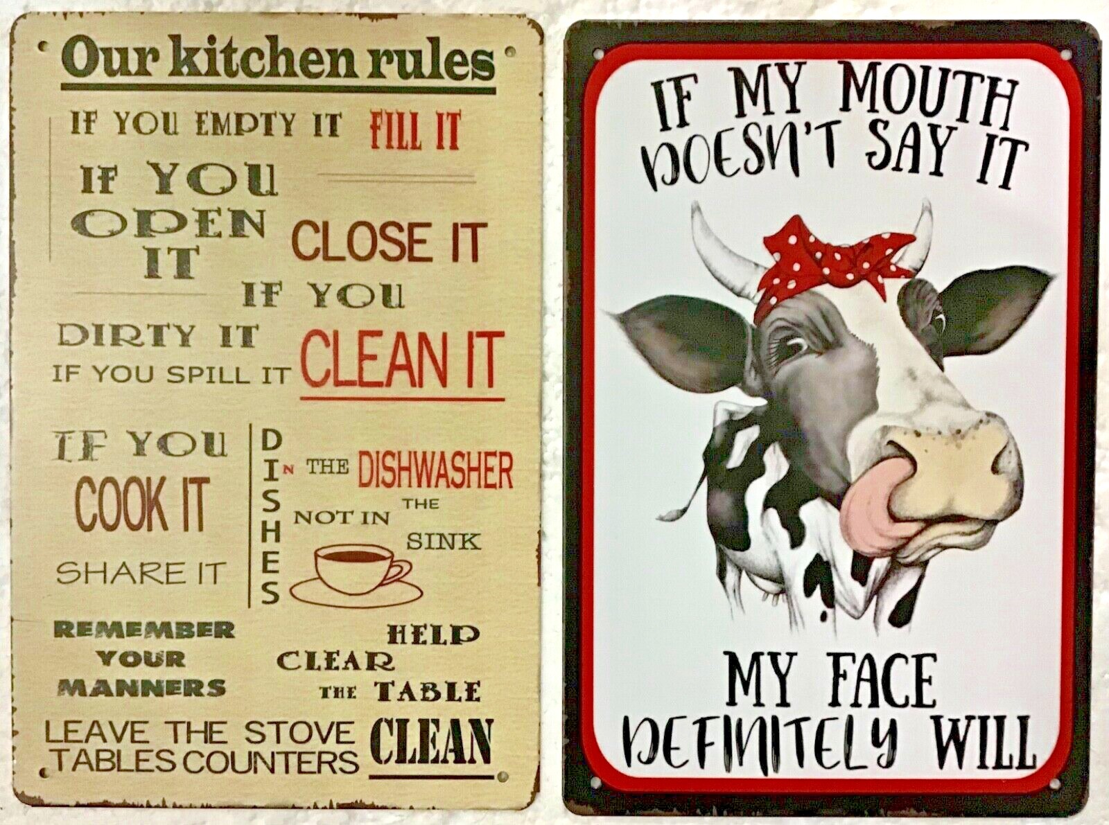 TWO 8×12 TIN SIGNS Kitchen rules clean manners coffee cow face funny mom mother