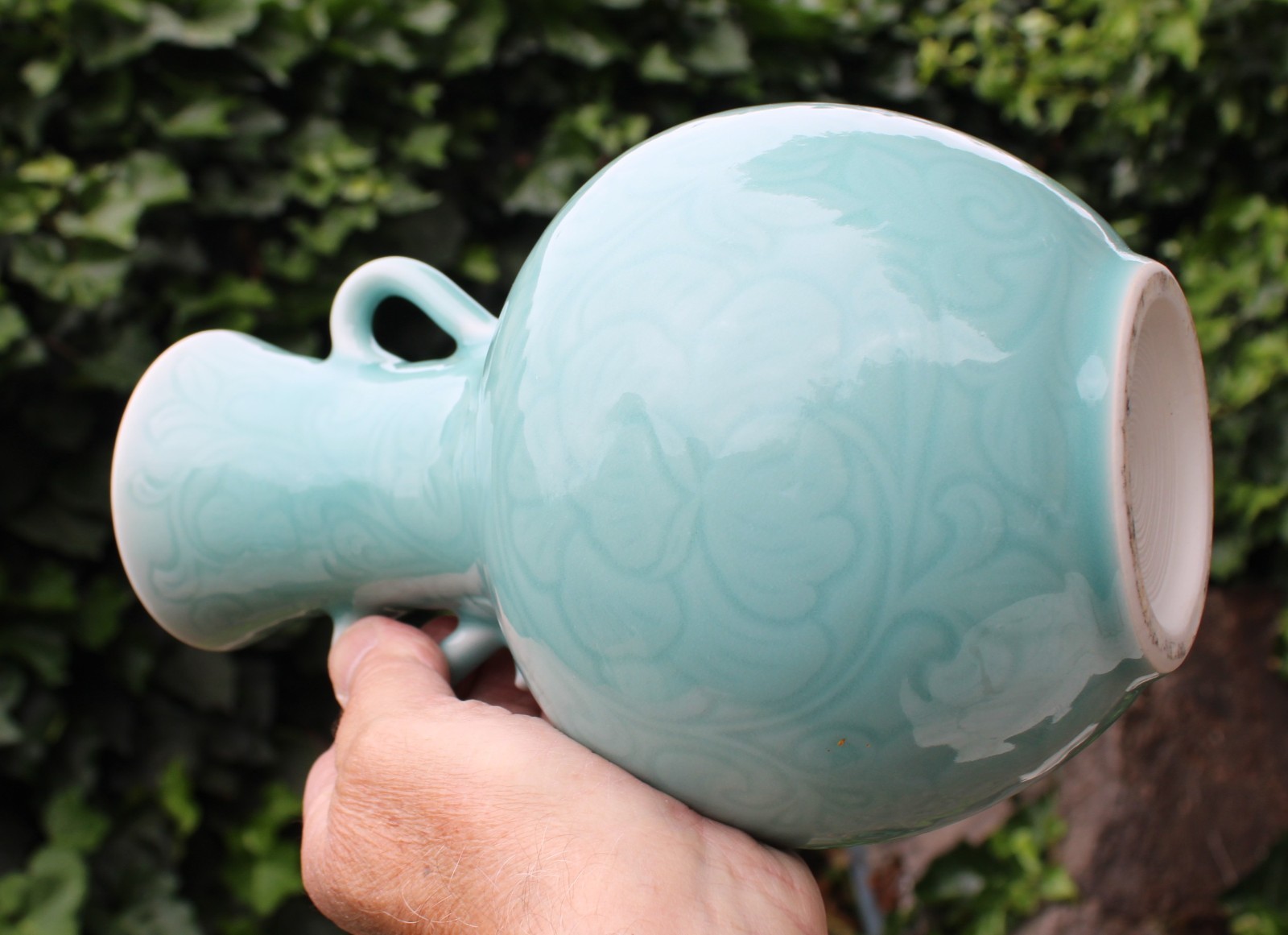 Late 20th century Porcelain Longquan China Carved Celadon Vase w/ Two Handles