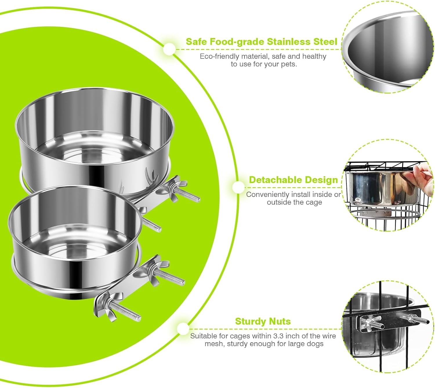 2 Pcs Small Pet Dog Food Water Bowl for Cage Stainless Steel Non-Spill Kennel Ha