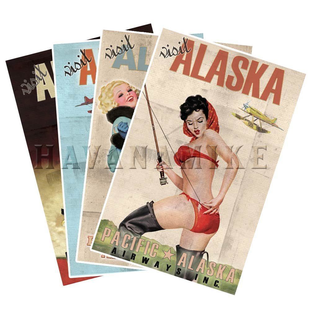 VISIT ALASKA Travel Art Prints SET OF 4 Pinup Poster Alaskan Airlines Vintage