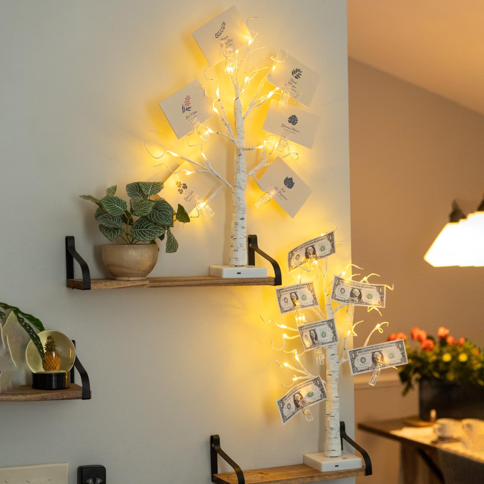 2 PCS Money Tree Gift Card Holder 2FT 24LED Lighted Birch Photo Display Clip