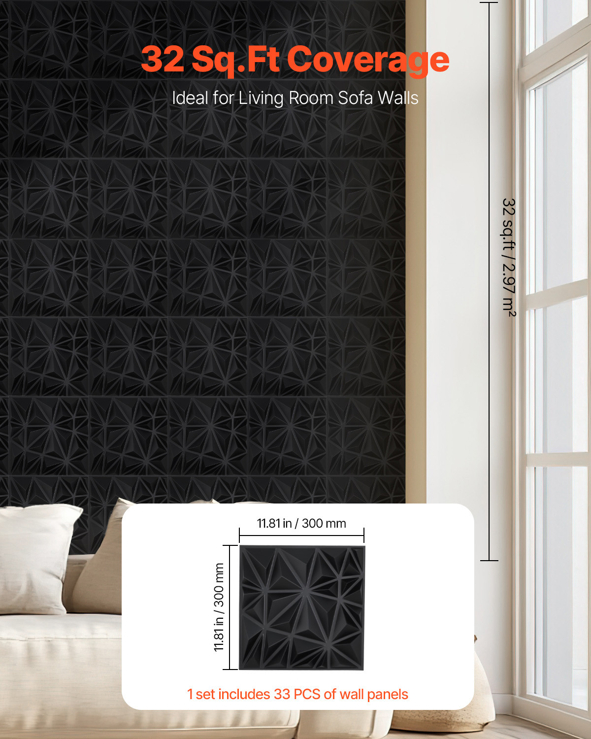 3D Wall Panels 33-Pack 11.81 x 11.81” PVC 32 Sq.Ft Coverage Diamond Matte Black