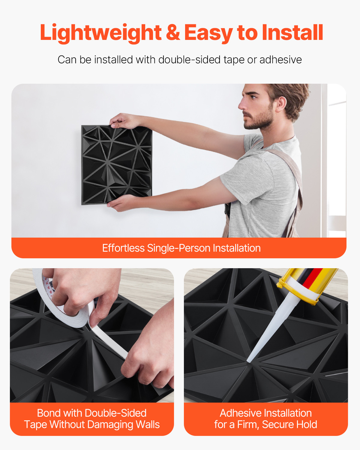3D Wall Panels 33-Pack 11.81 x 11.81” PVC 32 Sq.Ft Coverage Diamond Matte Black