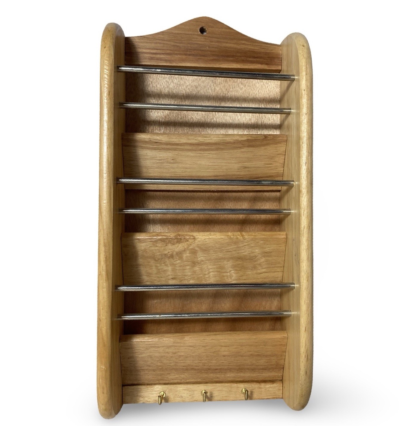 NEW Vintage Wooden Letter Organizer Mail Holder Metal Rails Brass Hooks