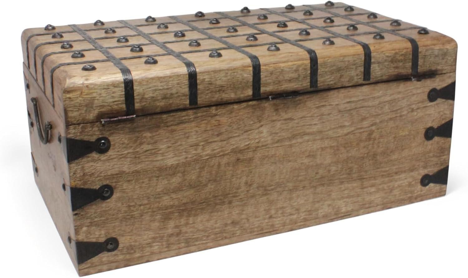 Nautical Cove Treasure Chest Wooden Box with Antique Iron Lock and Skeleton Key
