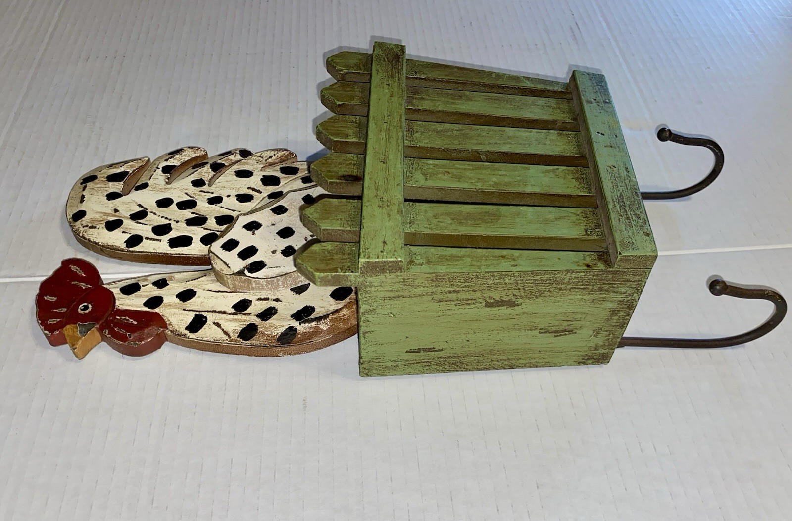 Wooden Hanging Chicken With Letter Basket & Coat Hooks Folk Art Country Decor