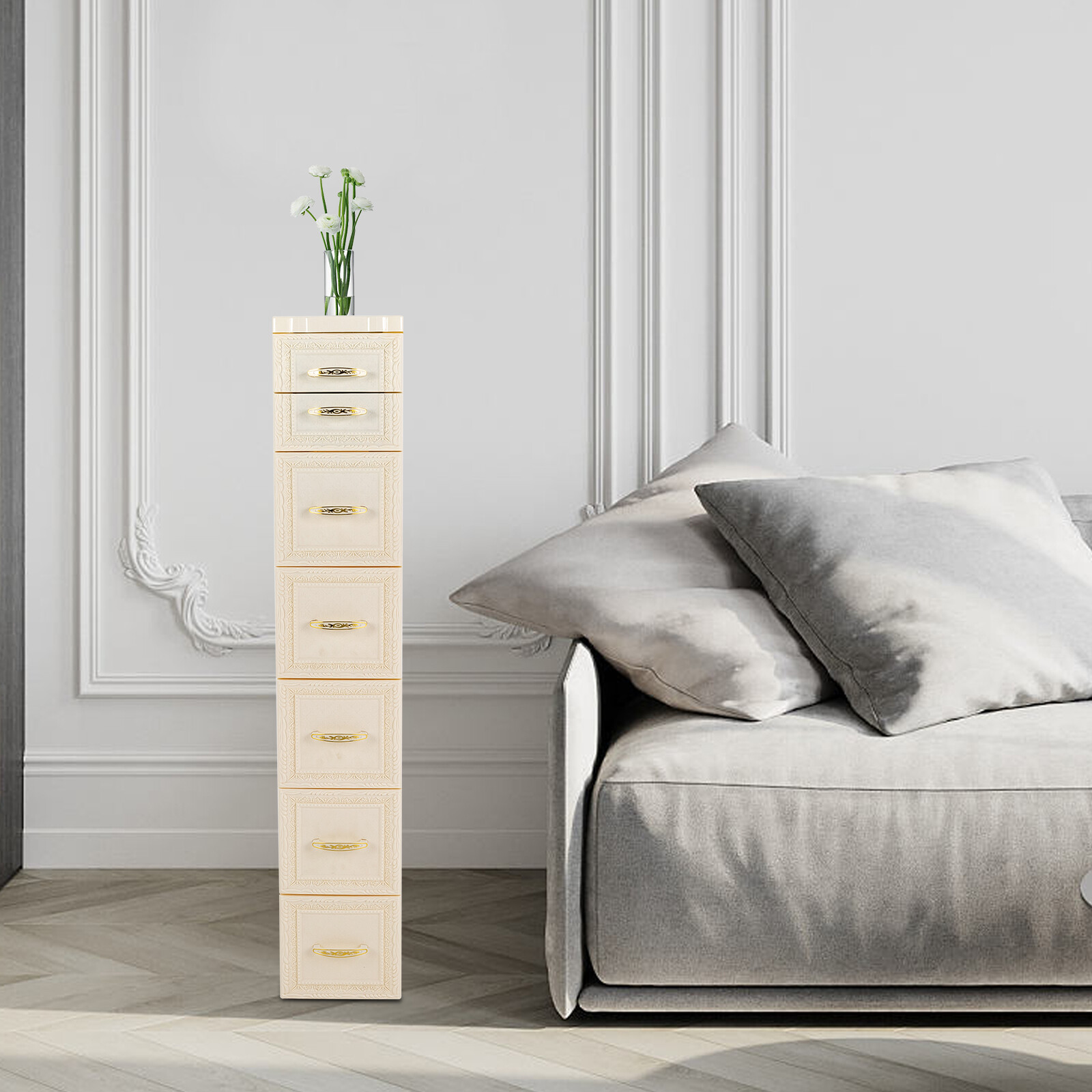 6Tier Bathroom Floor Cabinet, Vertical Storage Unit with Drawers and Casters