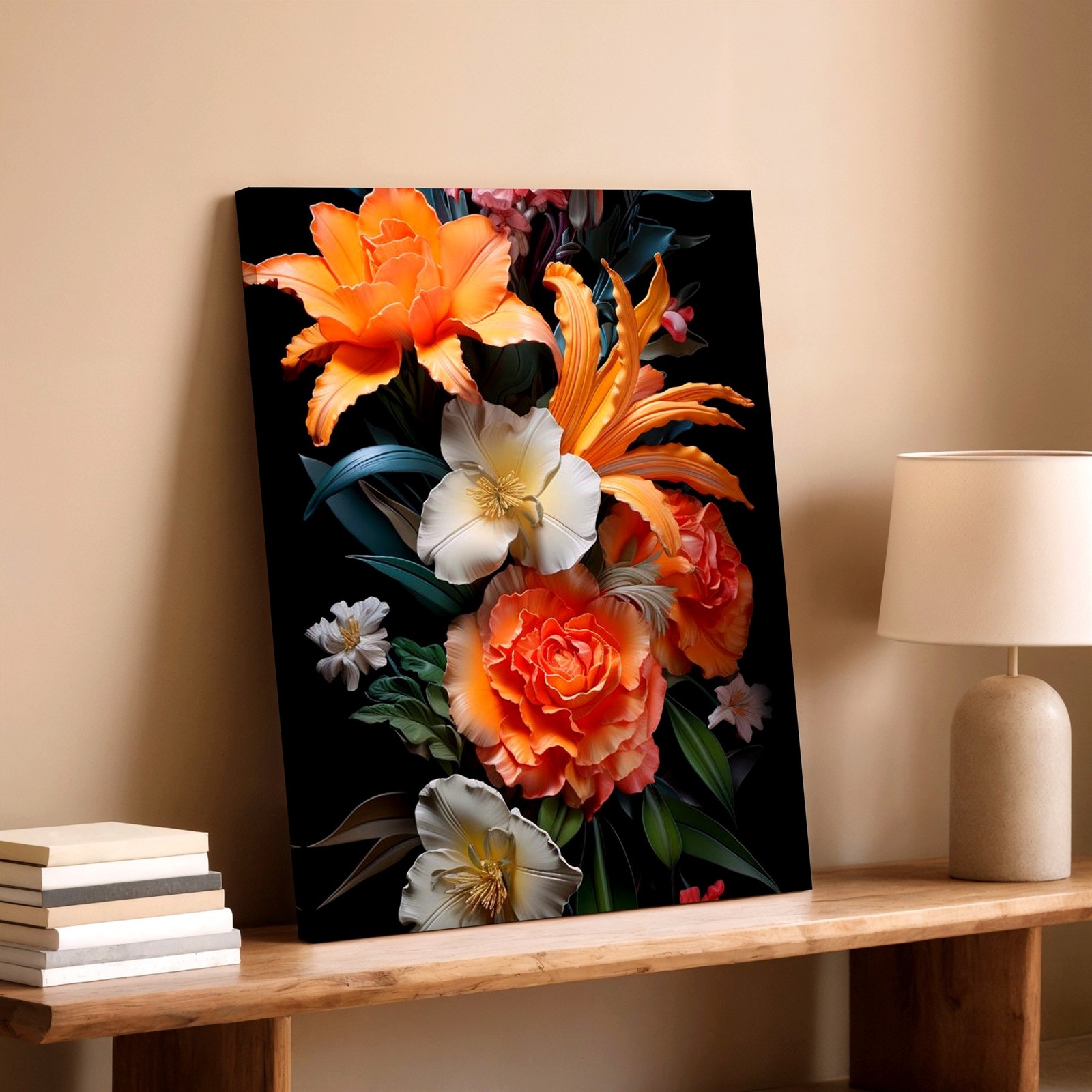 Wall Art Floral Bouquet Print Orange Lily Rose White Blossom Black Background