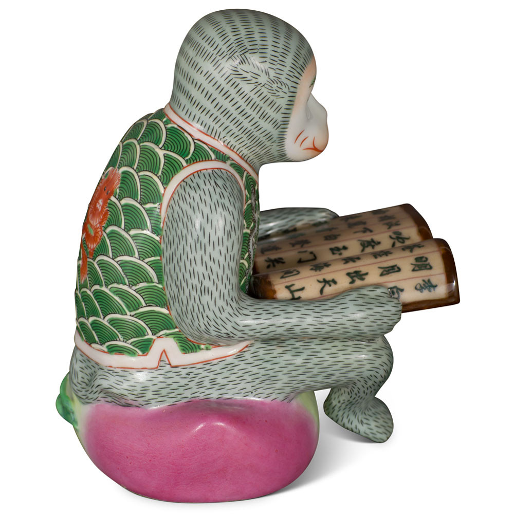 US SELLER – Green Porcelain Monkey Reading Book Figurine