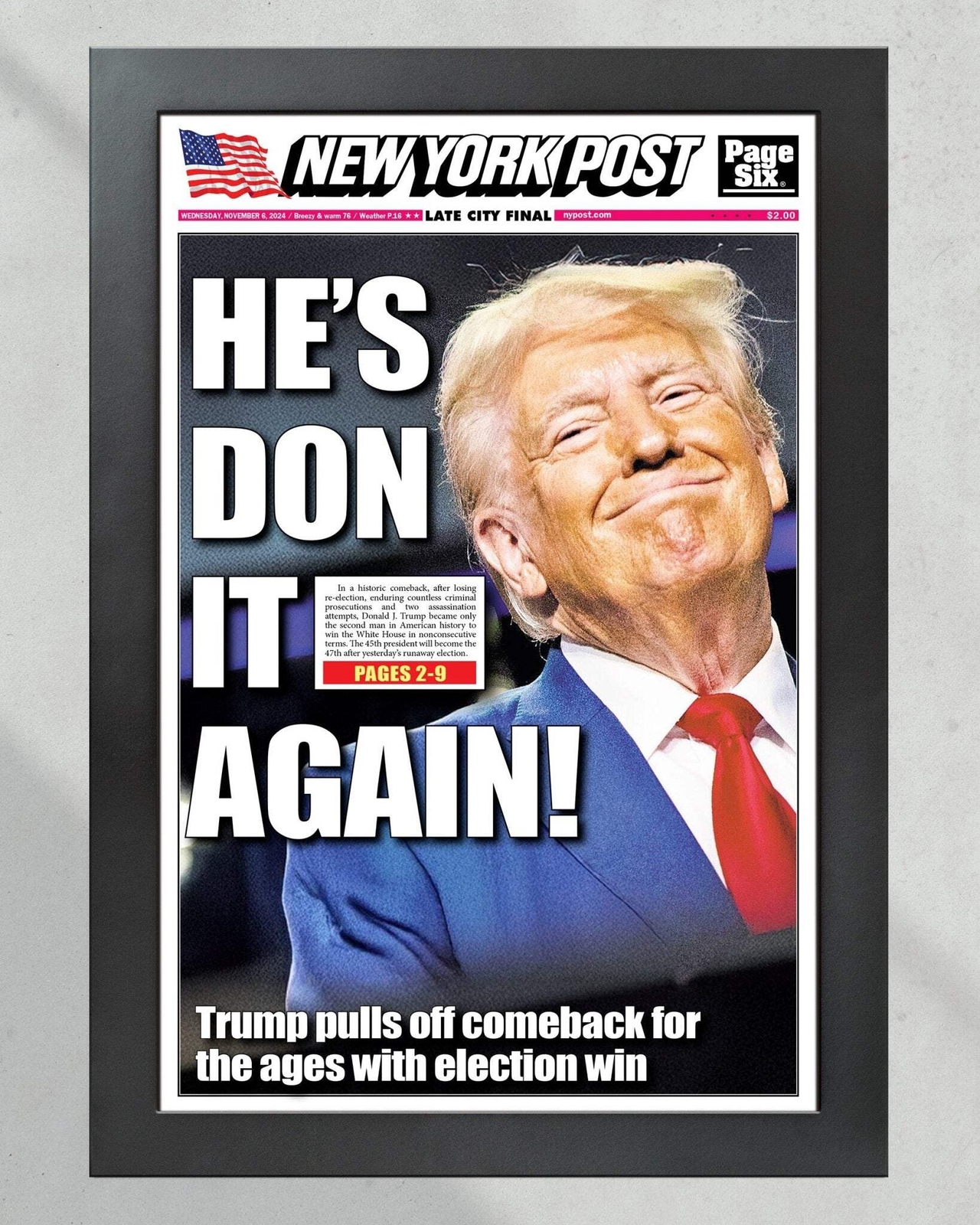 2024 Donald Trump Wins Presidential Election – NY Post Framed Newspaper