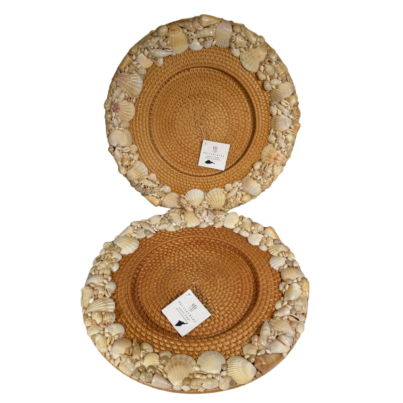 Pottery Barn Sea Shell Rimmed Rattan Beach Ocean Decor Charger Plate Set Of 2