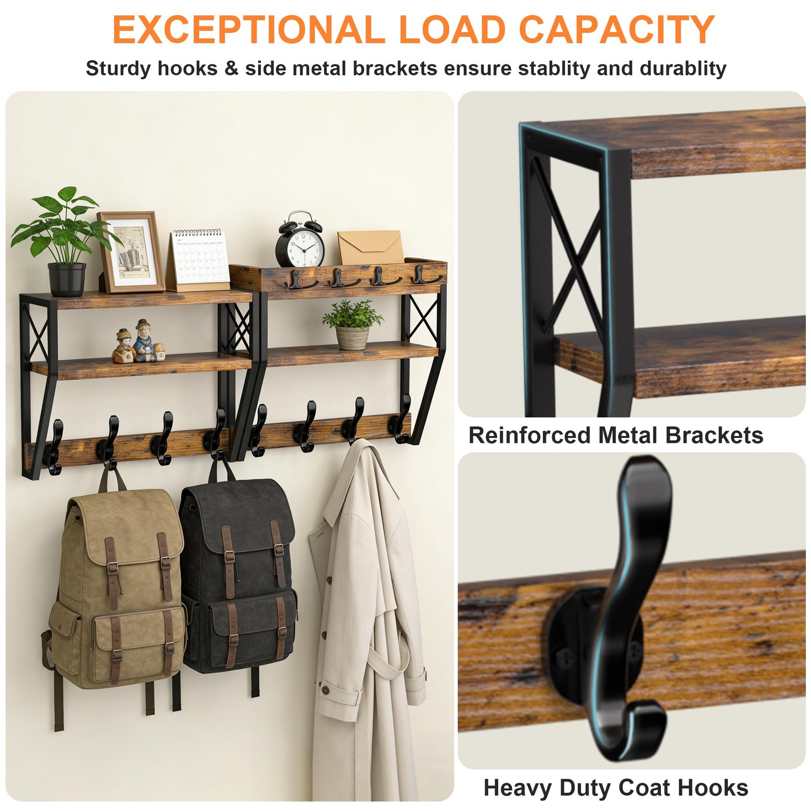 Upgraded 3Tier Large Coat Rack Wall Mount with Shelf, 4 in 1 Versatile Coat a…