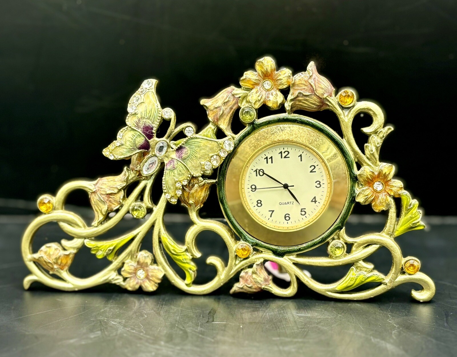 Floral Butterfly Desk Clock Metal Analog Jeweled 6” Length New Battery Works