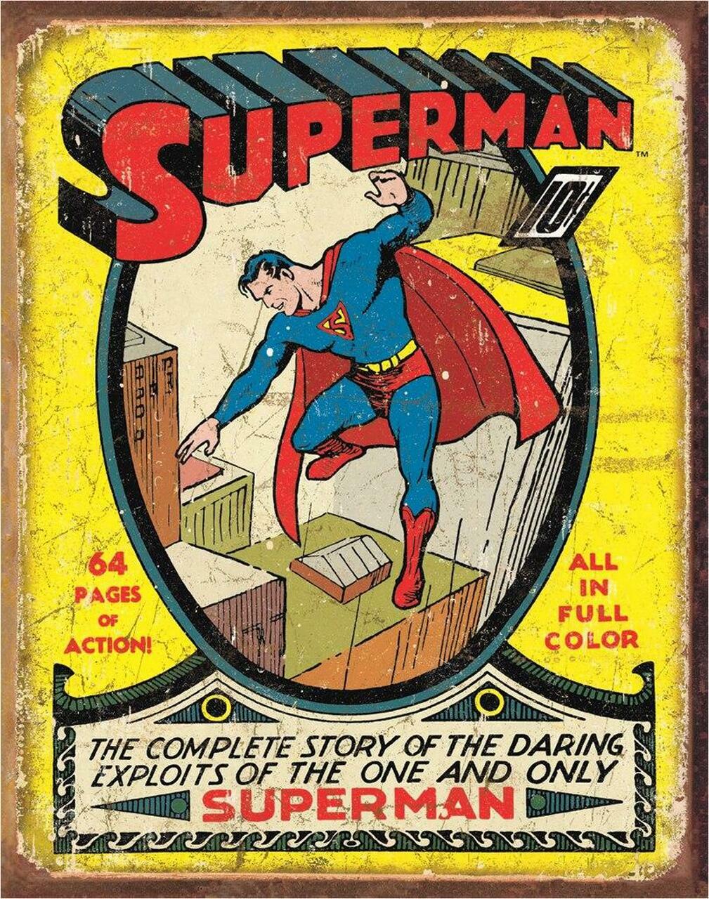 DC Comics Superman No.1 Cover Tin Metal Sign, MADE IN USA, Comic Book Wall Art