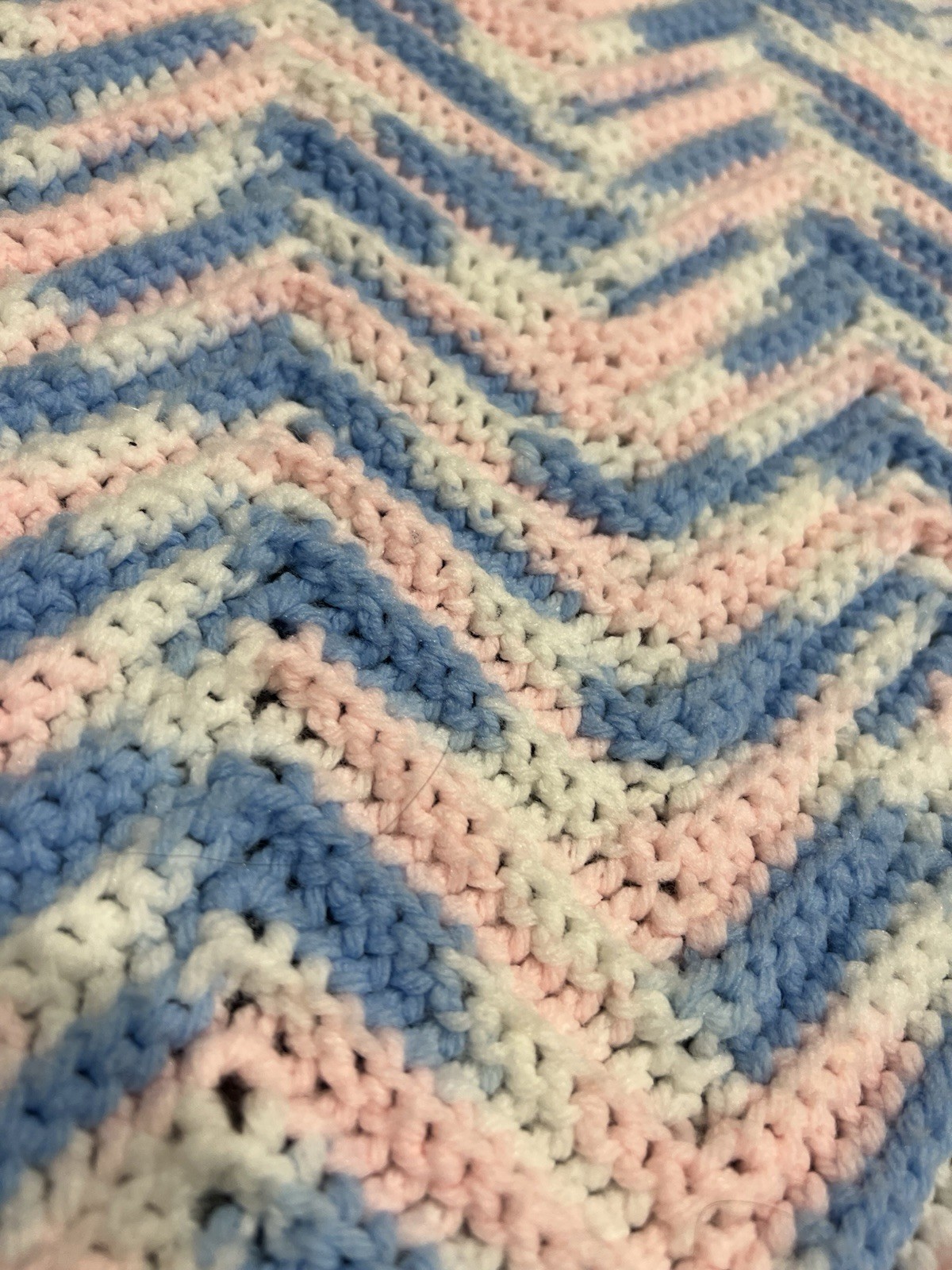 Crocheted Baby Blanket 48×48 Inches Blue Pink and White Handmade