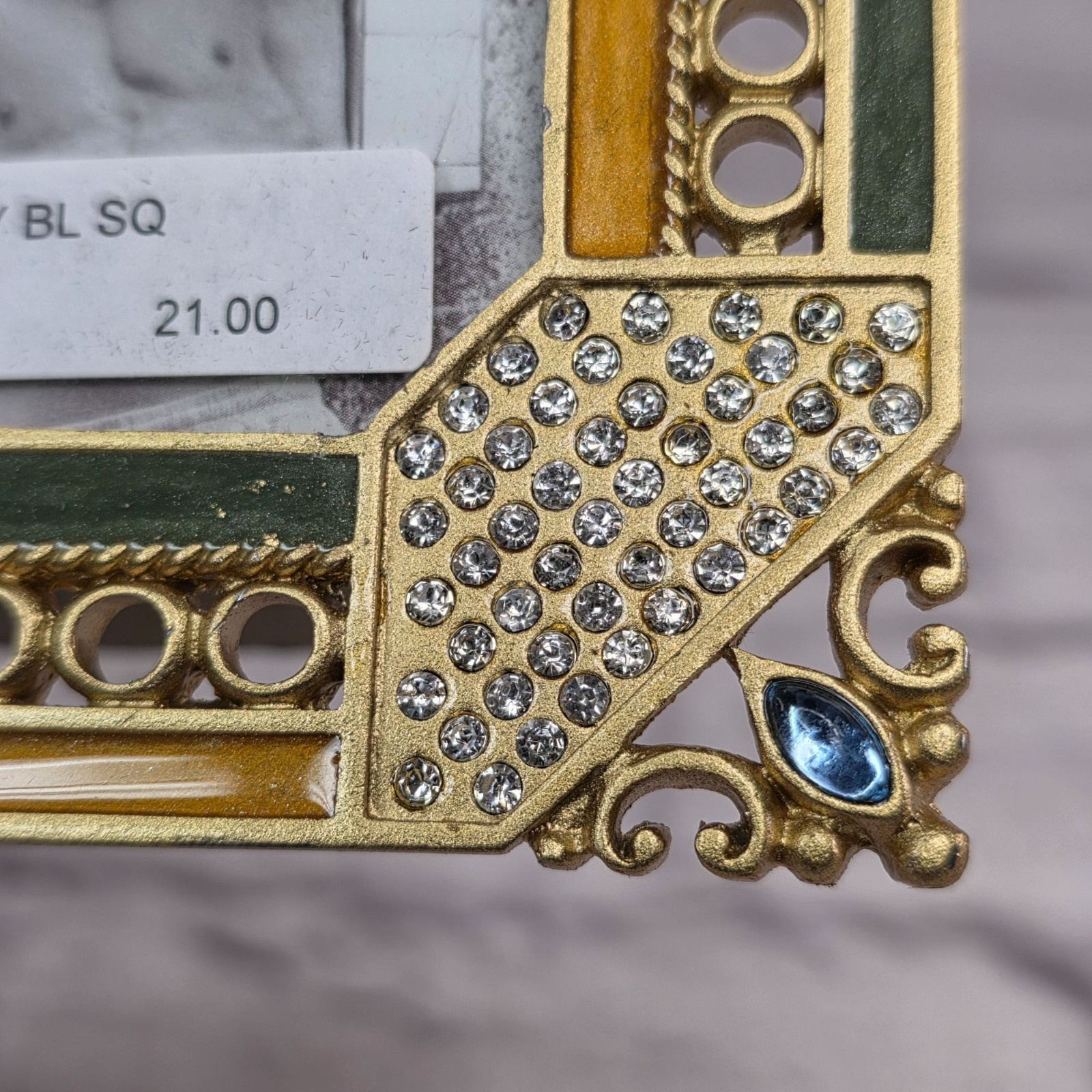 Vintage Rembrandtz Gold Jeweled Square Picture Frame 2.5 in Green Amber Accents