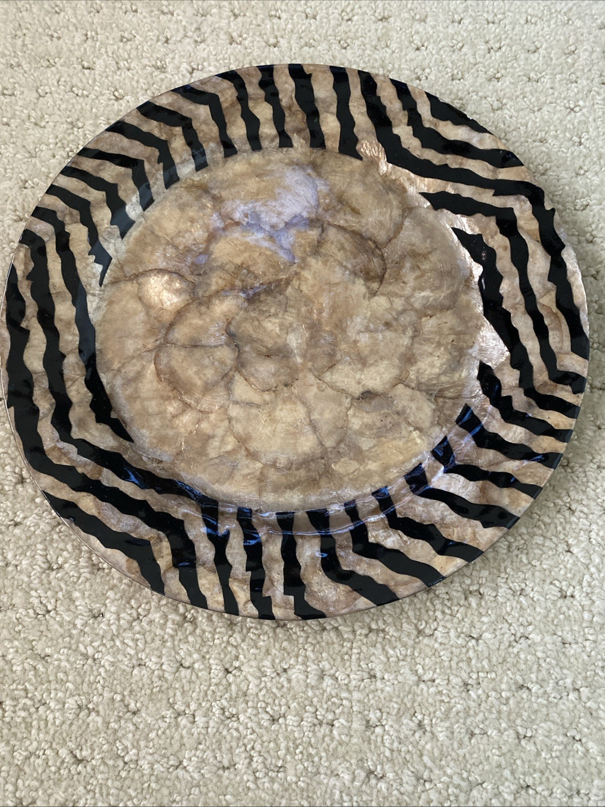 2 Kappa Shell Charger With Zebra Print Border, Hand Painted Made in Philippines