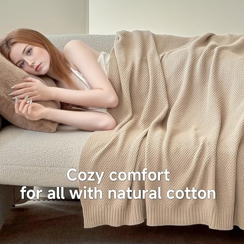 100% Cotton Throw Blanket, Solid Color Cable Knitted Throw 50×60″ Light Khaki
