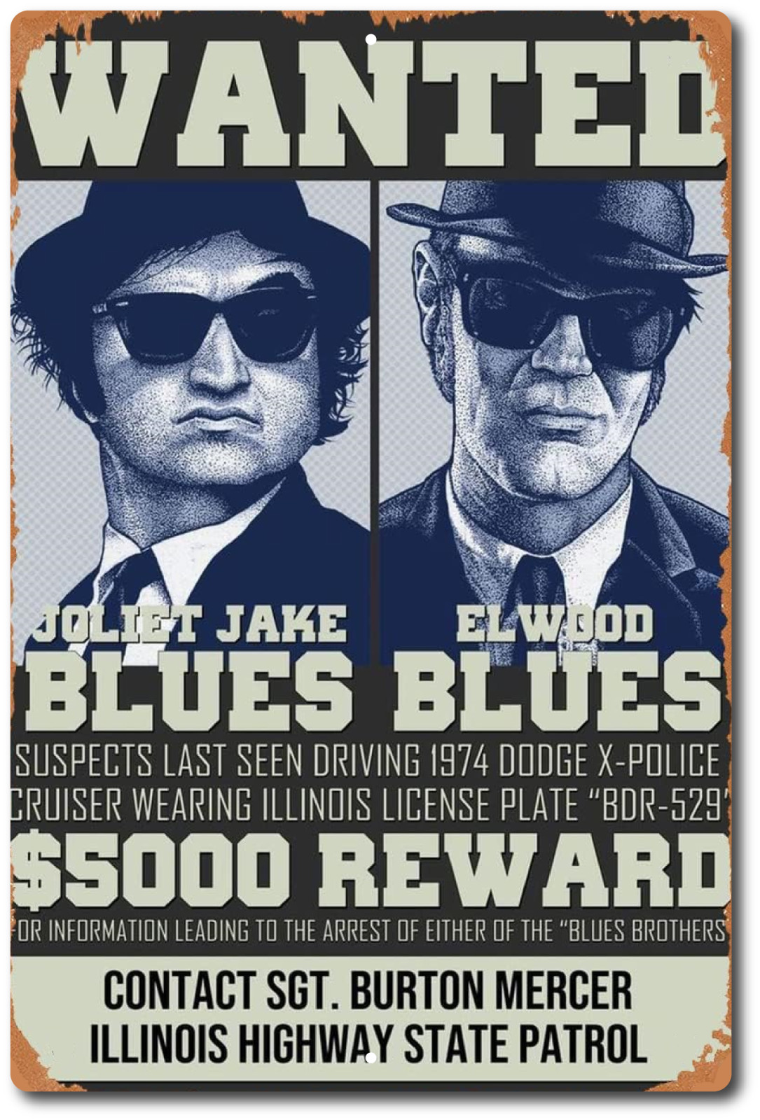 The Blues Brothers Sign Metal Tin Aluminum 8″x12″ Wanted Jake and Elwood