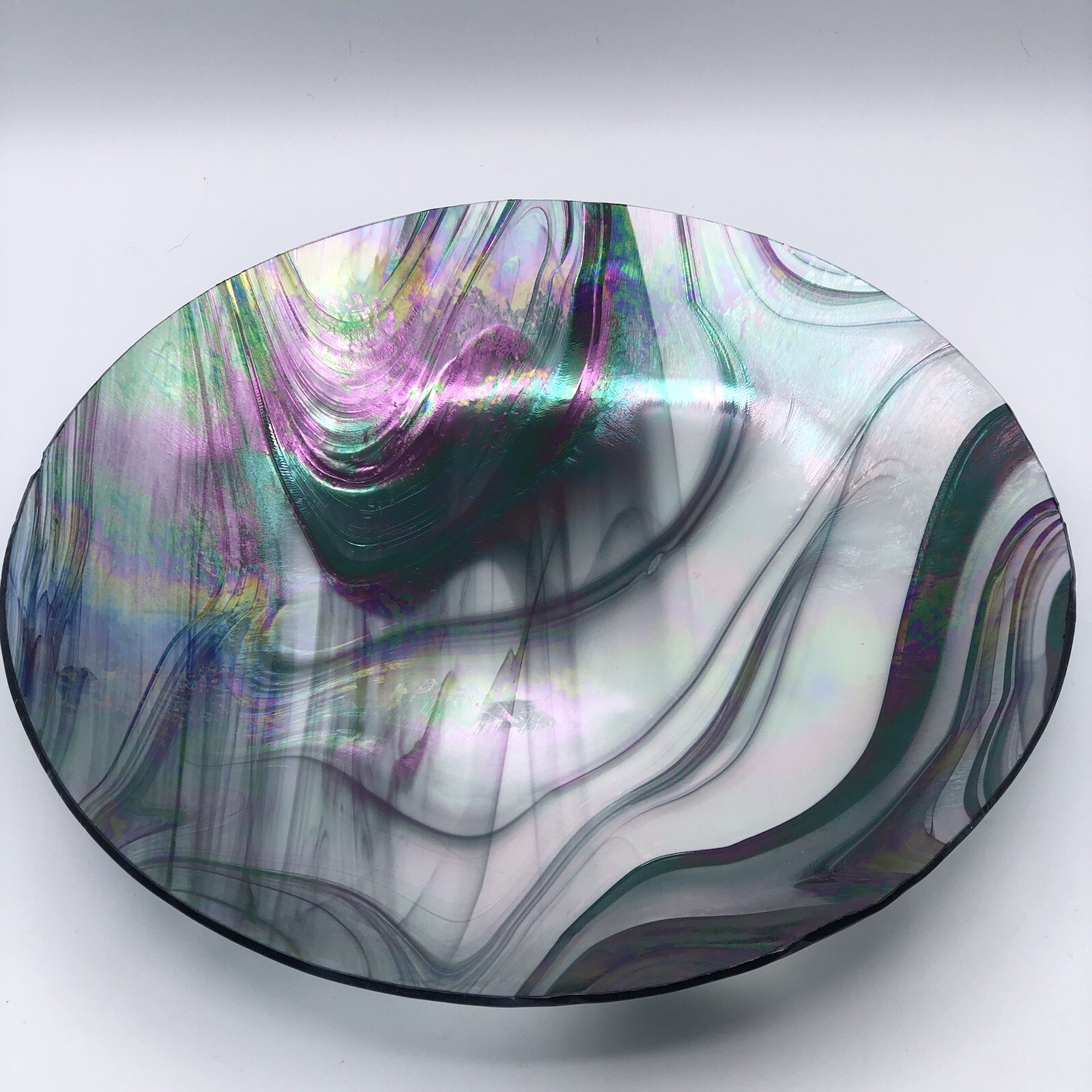 Iridescent Opalescent (Oil Slick) Glass Charger/Platter With Silver Metal Stand