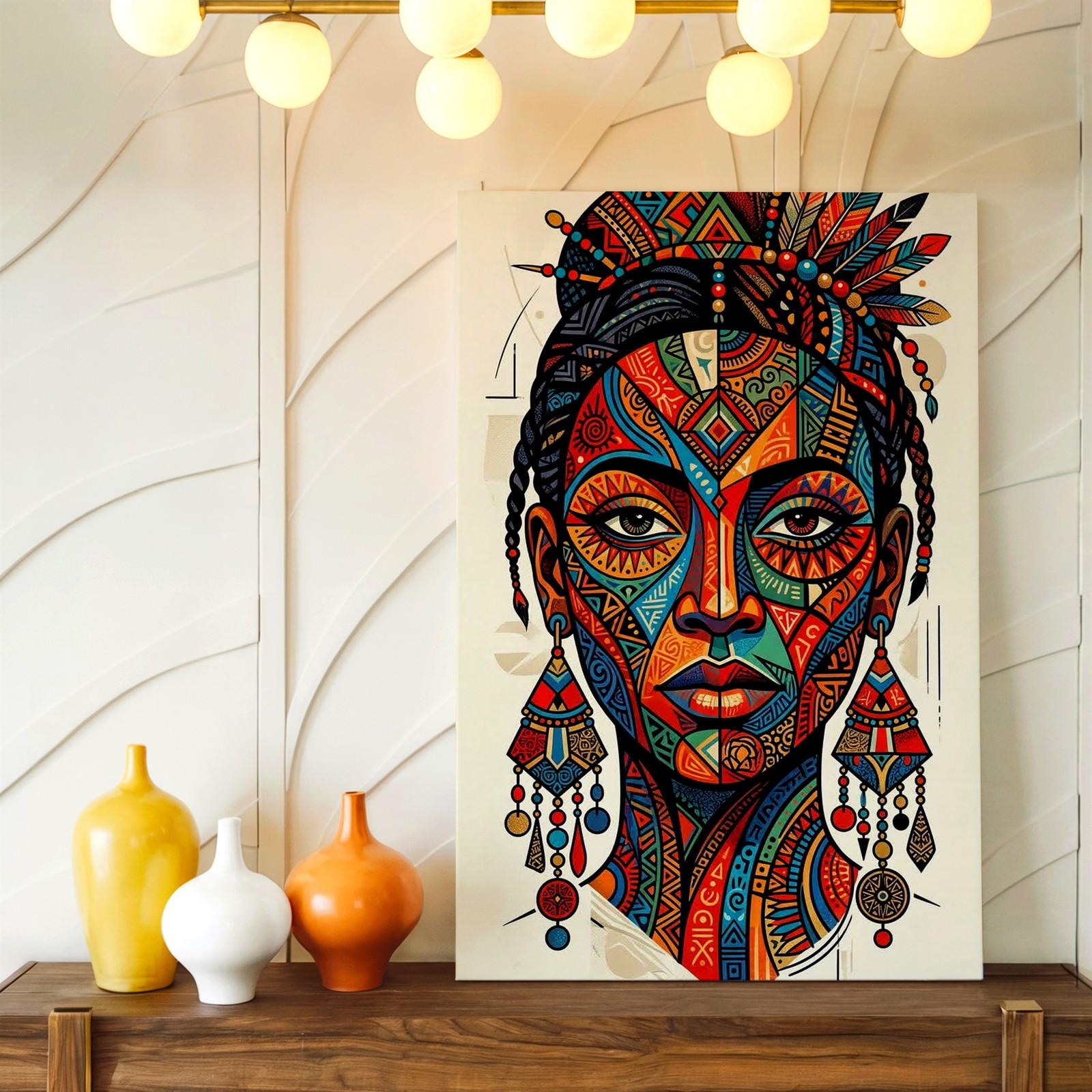 Wall Art Colorful Tribal Woman Portrait Print Boho Geometric Face Poster Decor