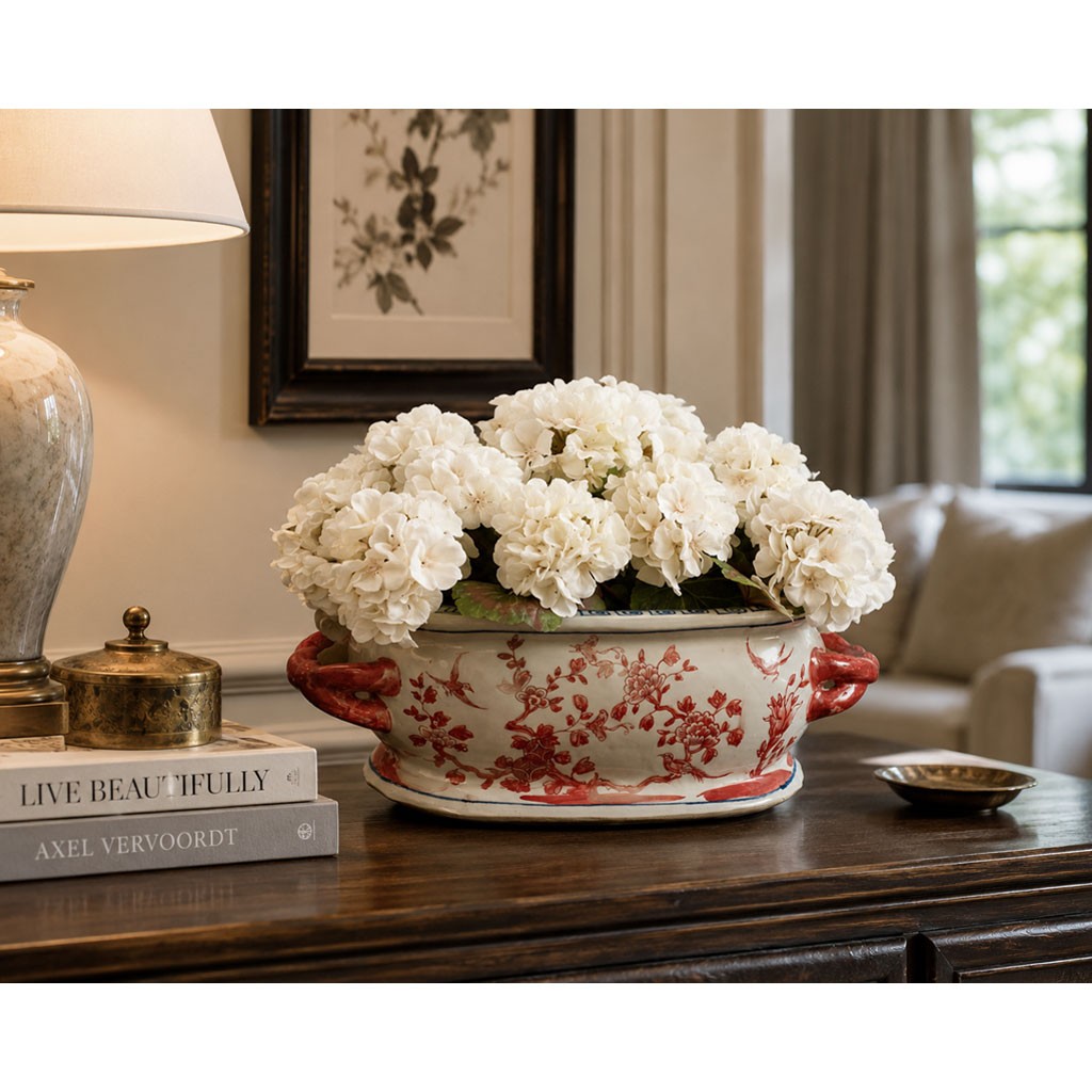 US SELLER – Red White Chinoiserie Bird Flower Porcelain Footbath Planter