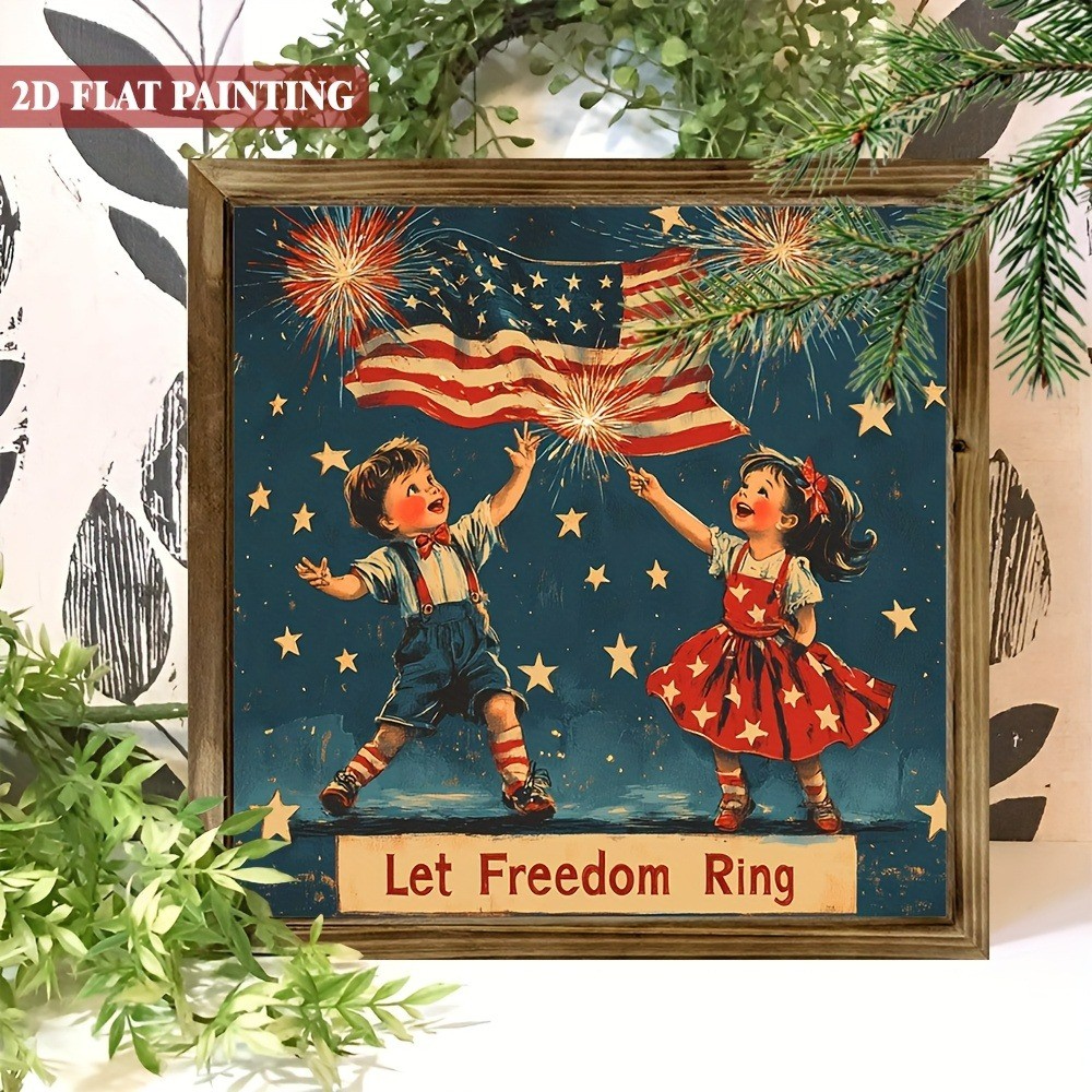 Let Freedom Ring Kids Fireworks Wooden Plaque 4th of July Patriotic Wall Decor