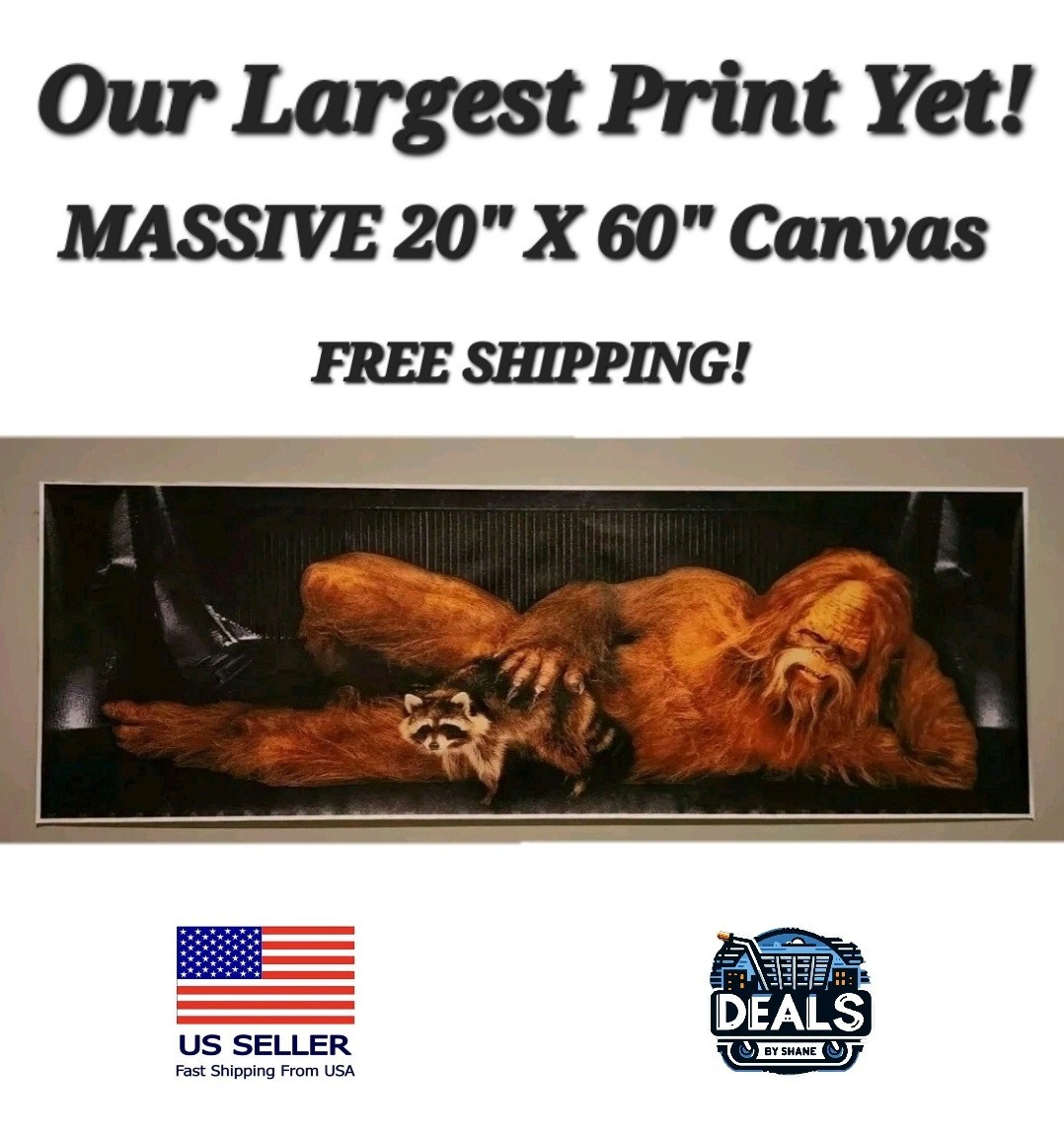HUGE Bigfoot with Raccoon – Unframed Canvas Print – 20″ x 60″ HARRY – Saskwatch