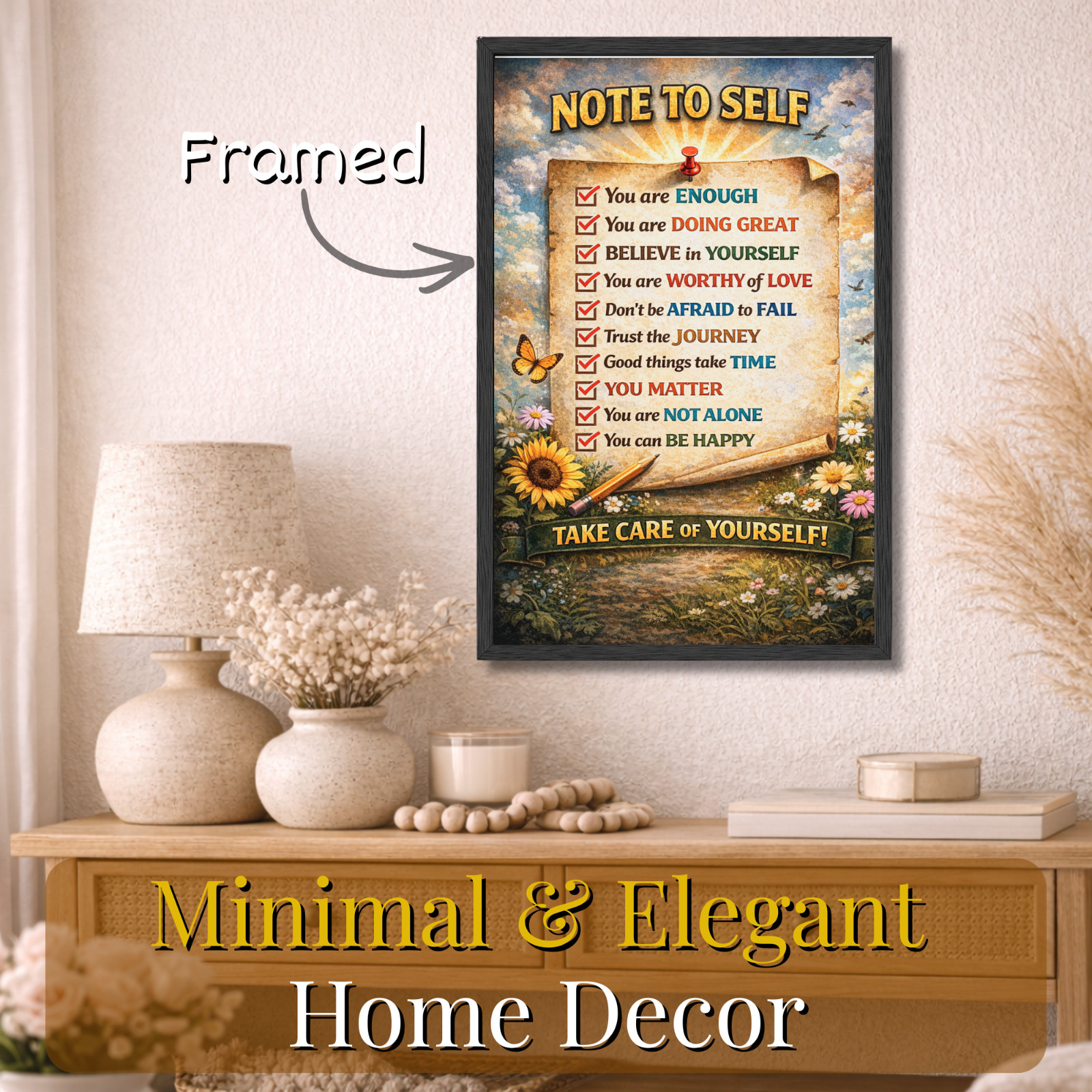 Note to Self Inspirational Wall Art Mental Health Framed Poster 11×17