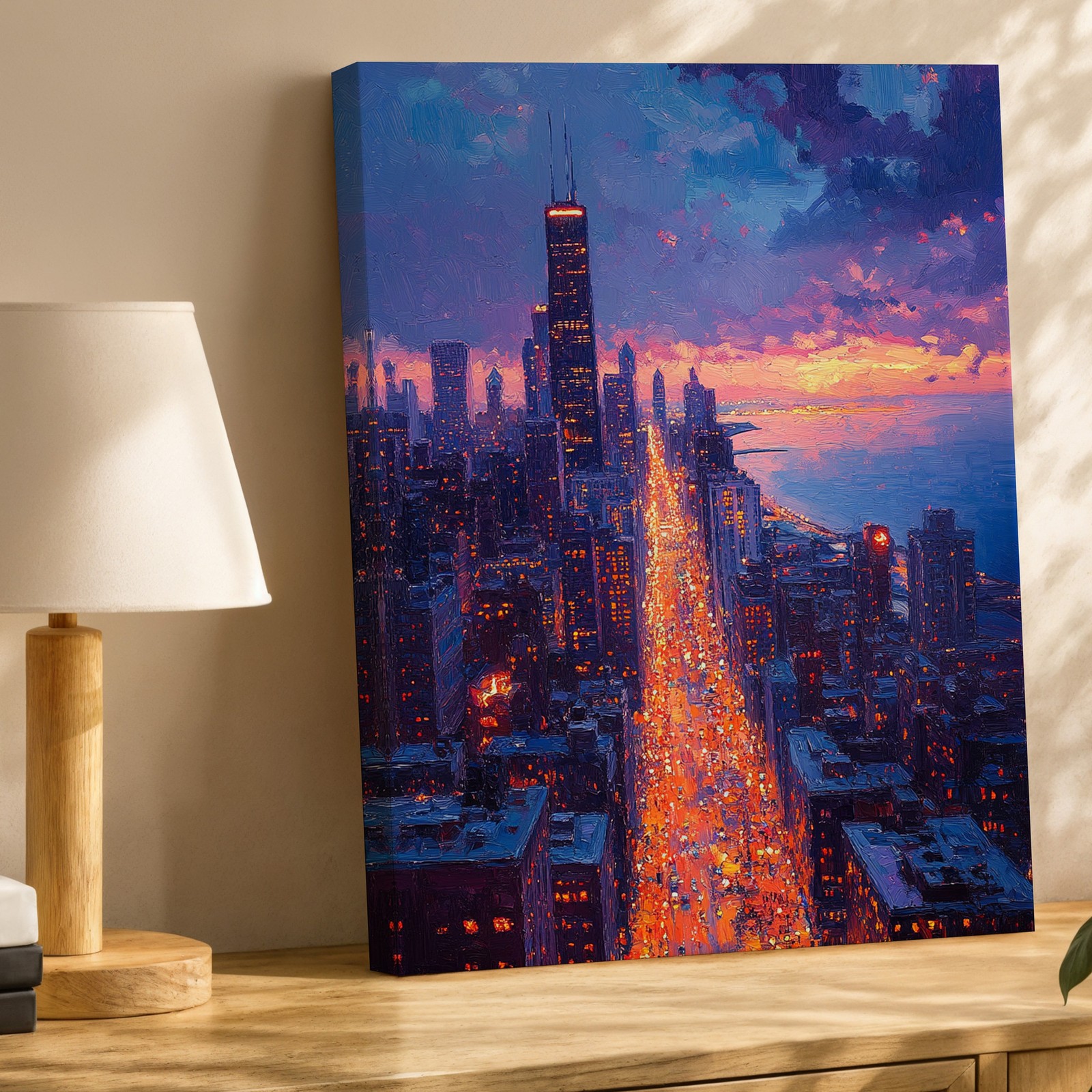 Cityscape Canvas Wall Art Chicago Skyline Sunset Illuminated Street Urban Print