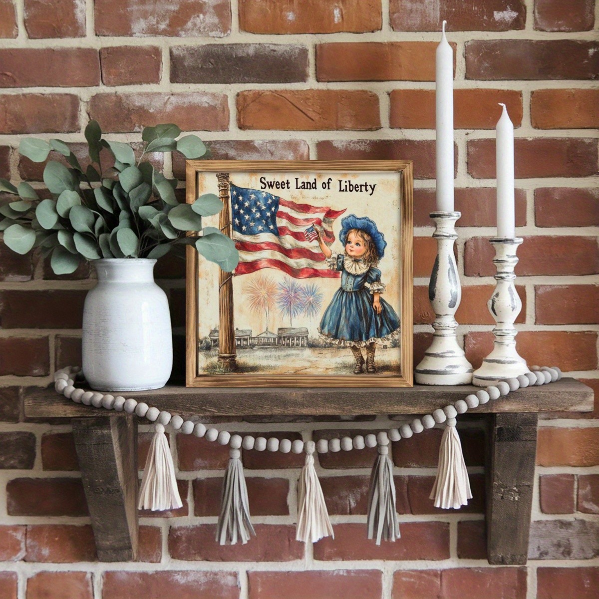 Vintage Patriotic Wall Art ”Sweet Land of Liberty” Framed 4th of July Home Decor